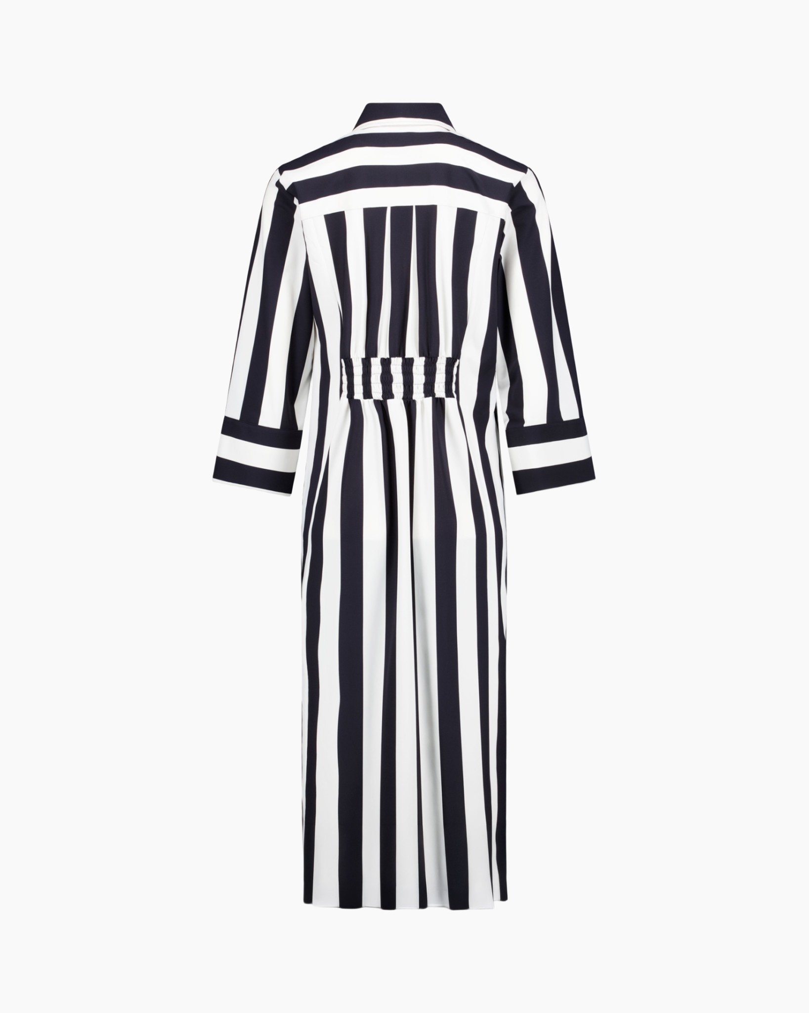striped dress, vertical stripes, mid-length, elastic waist, long sleeves