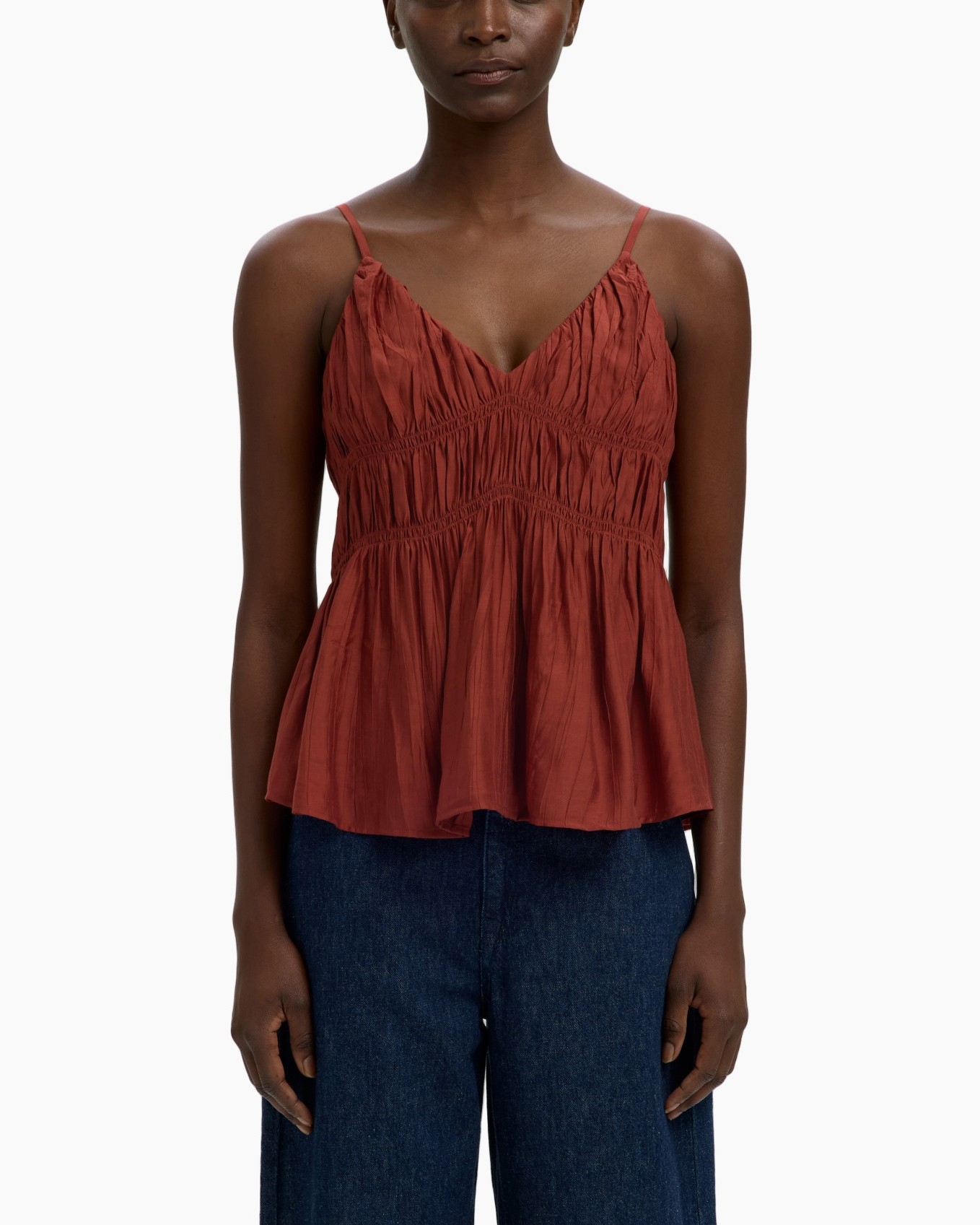 top, tank top, peplum, sleeveless, rust