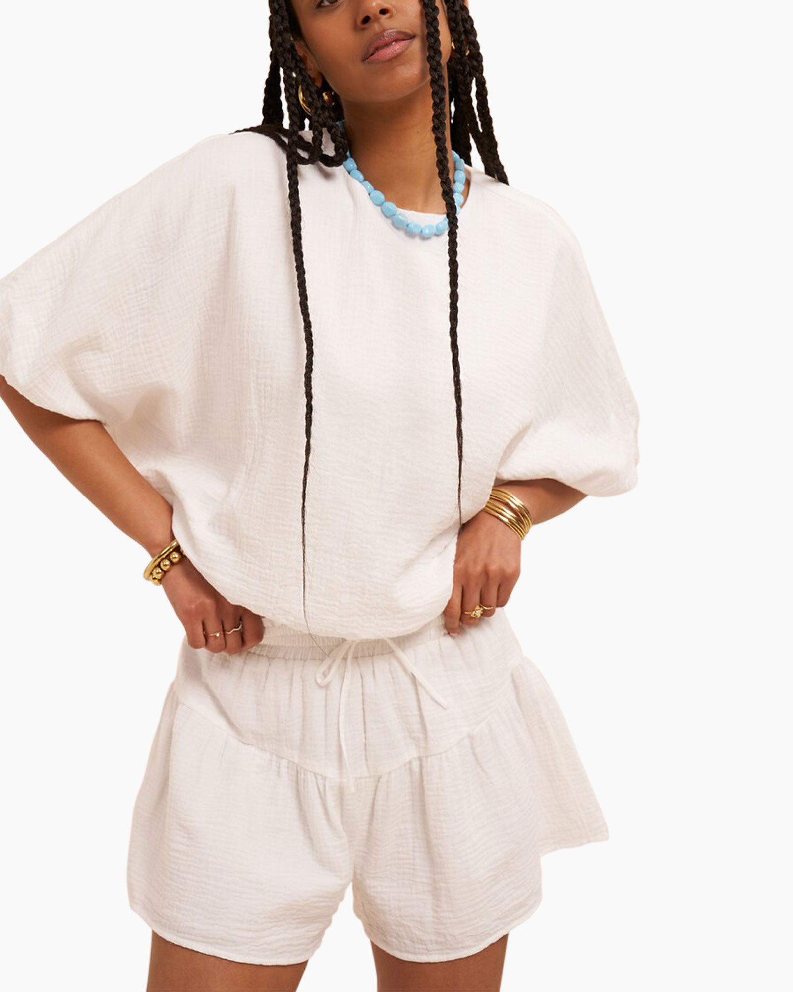 shorts, relaxed-fit, linen, cream, drawstring