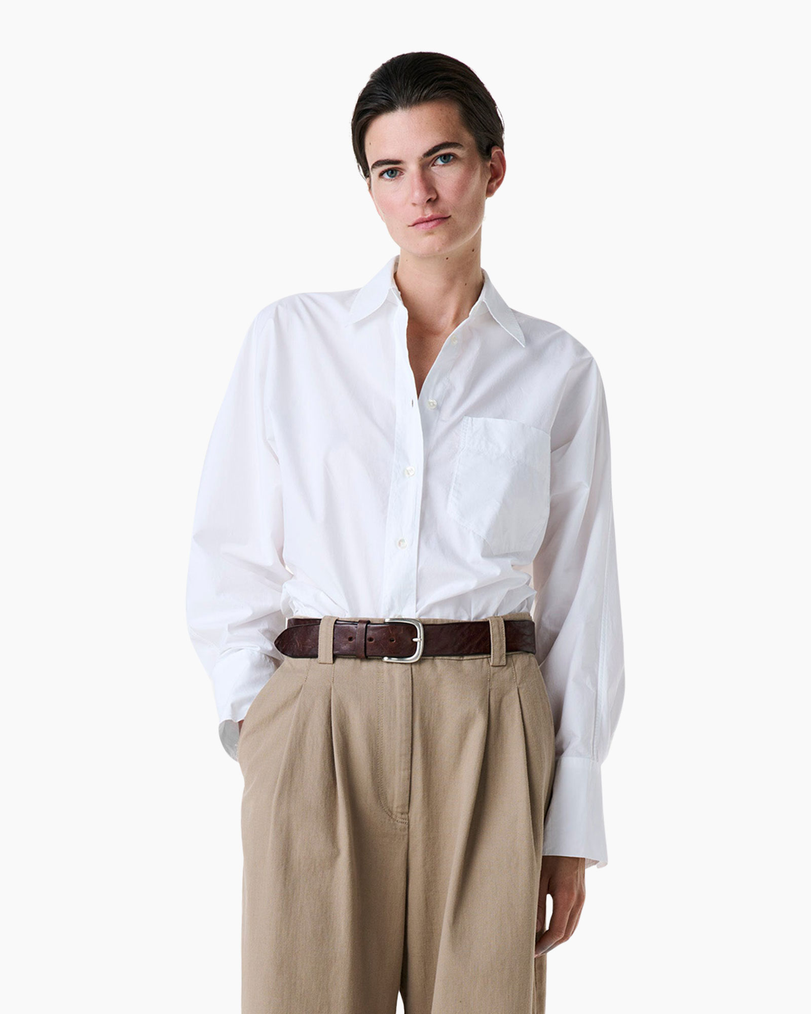 white shirt, button-down, pocket shirt, khaki pants, belt