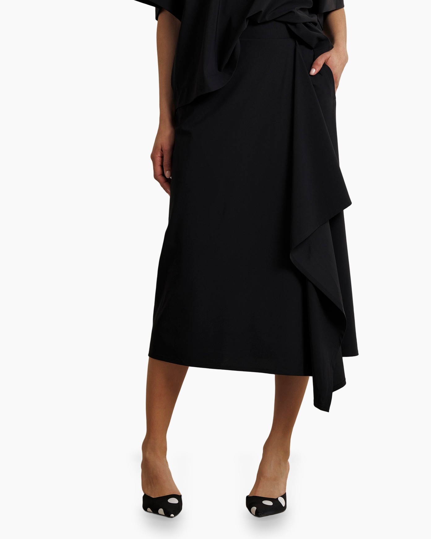 skirt, asymmetric, mid length, black, wrap detail