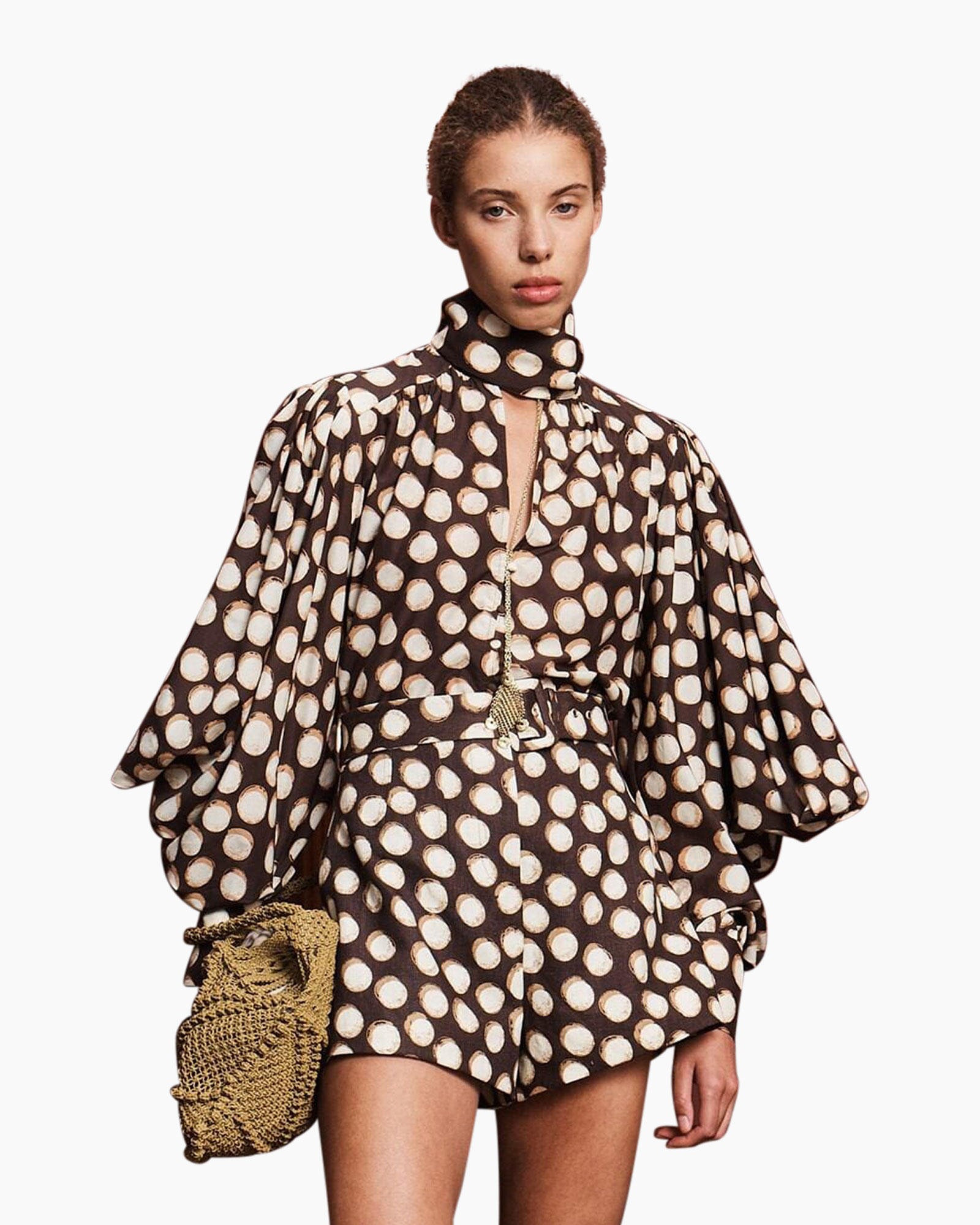 romper, polka dot, puff sleeves, high neck, short length