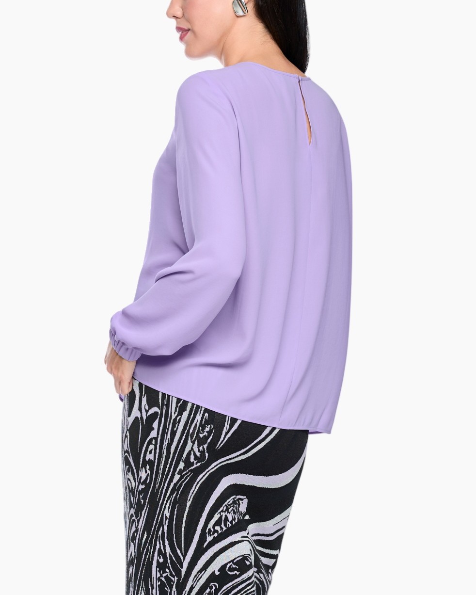 blouse, lavender, longsleeve, pleats, belted