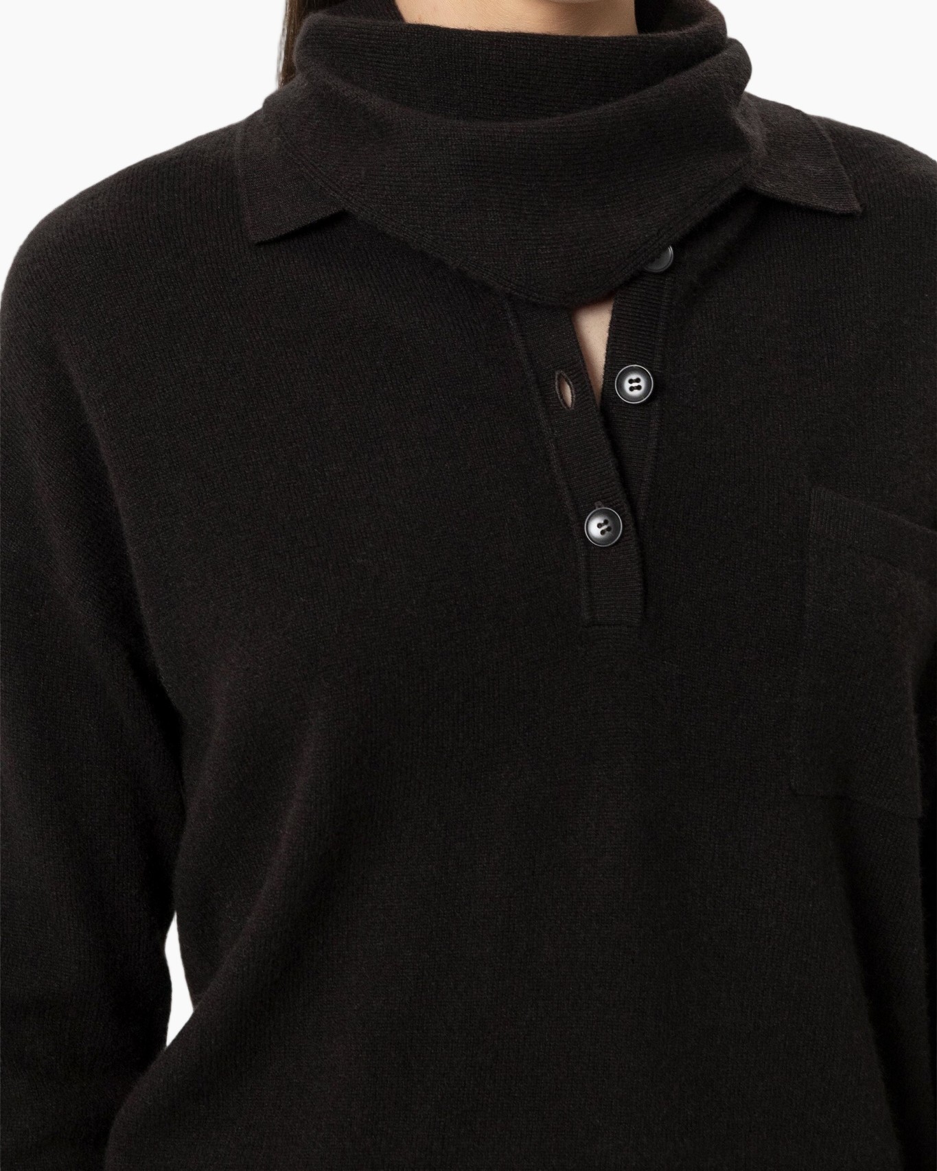 black sweater, poncho collar, three button placket, knit fabric, pocket detail