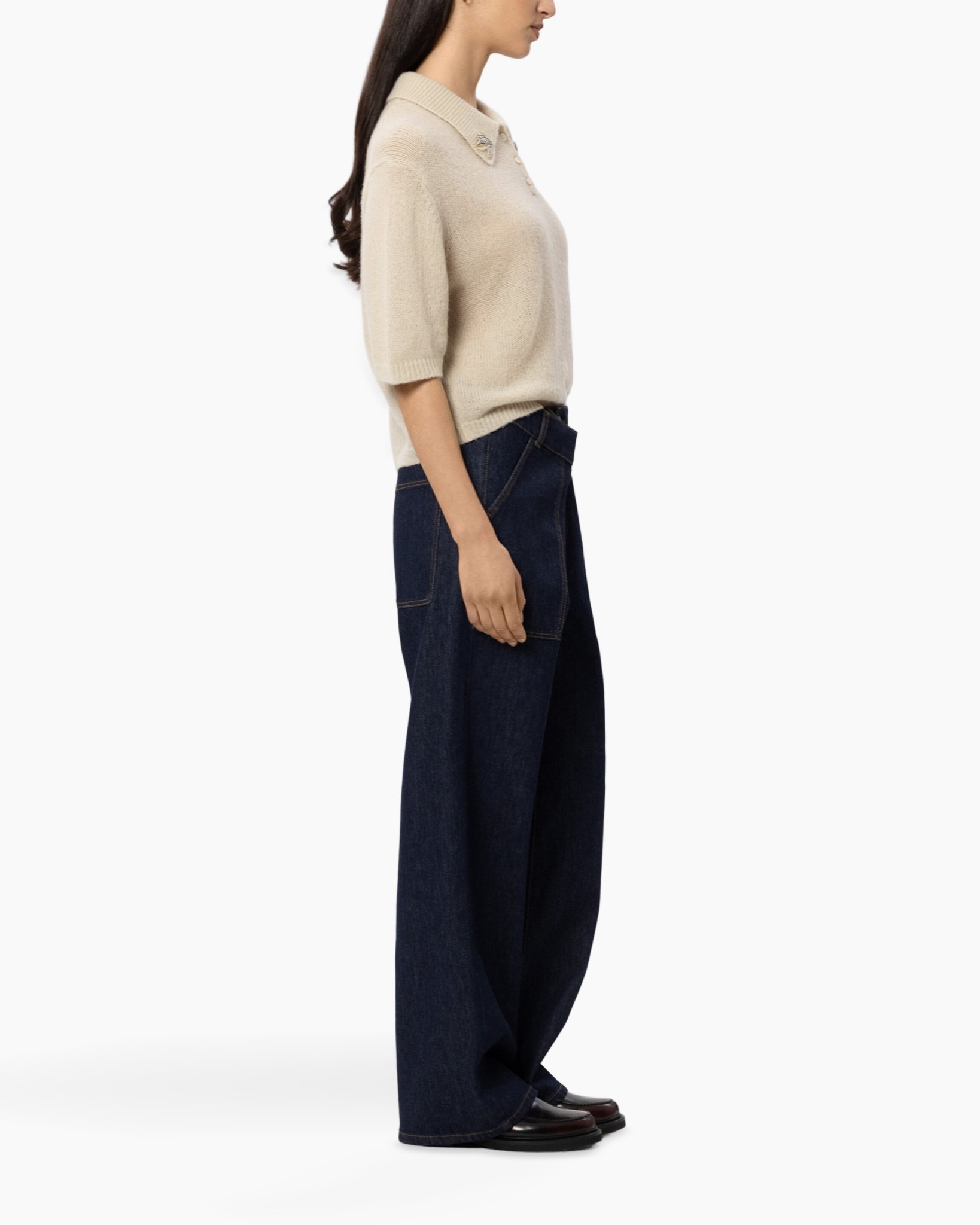 knit polo, polo sweater, short sleeve, beige, wide-leg jeans