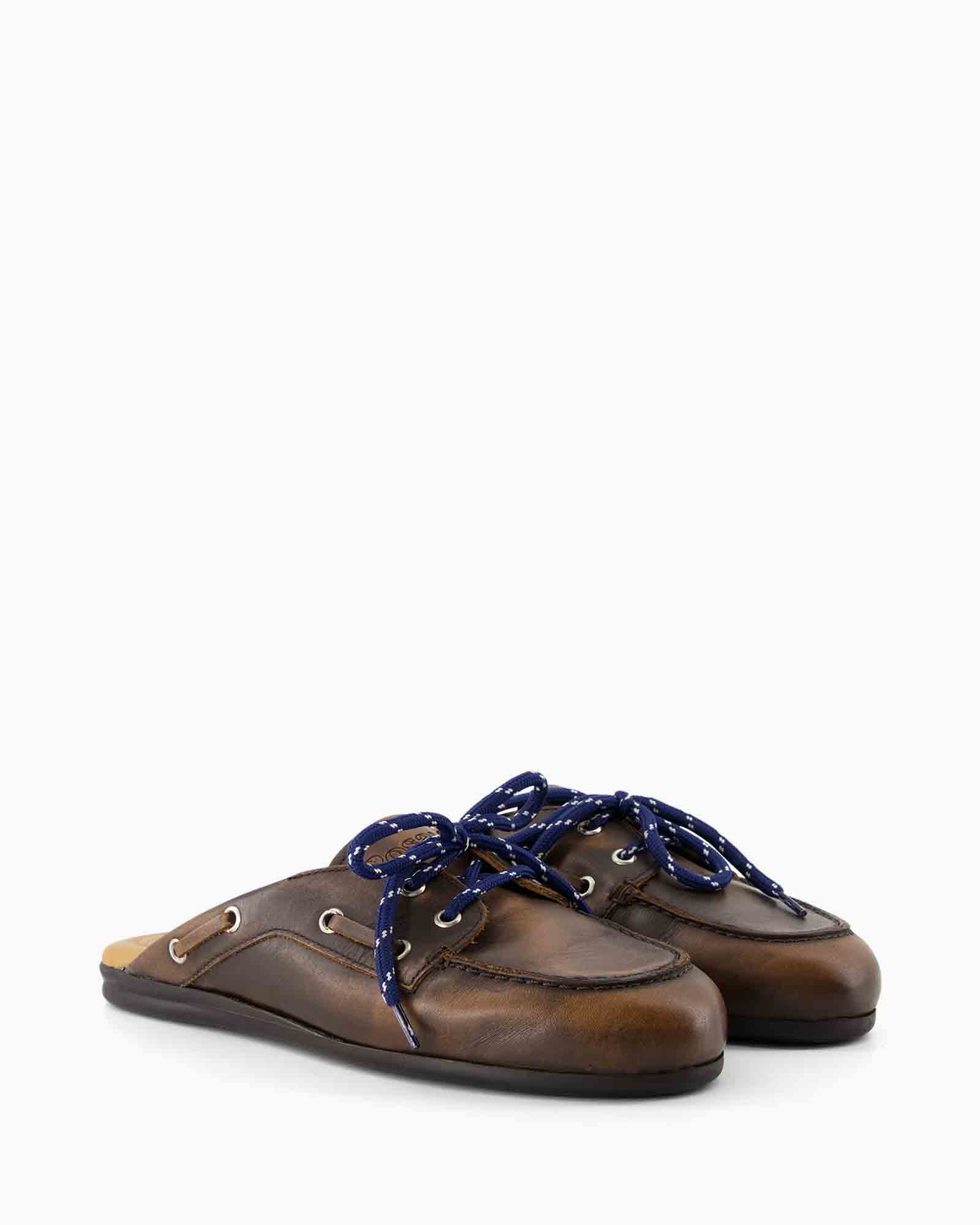 boat shoes, leather, brown, blue laces, casual footwear