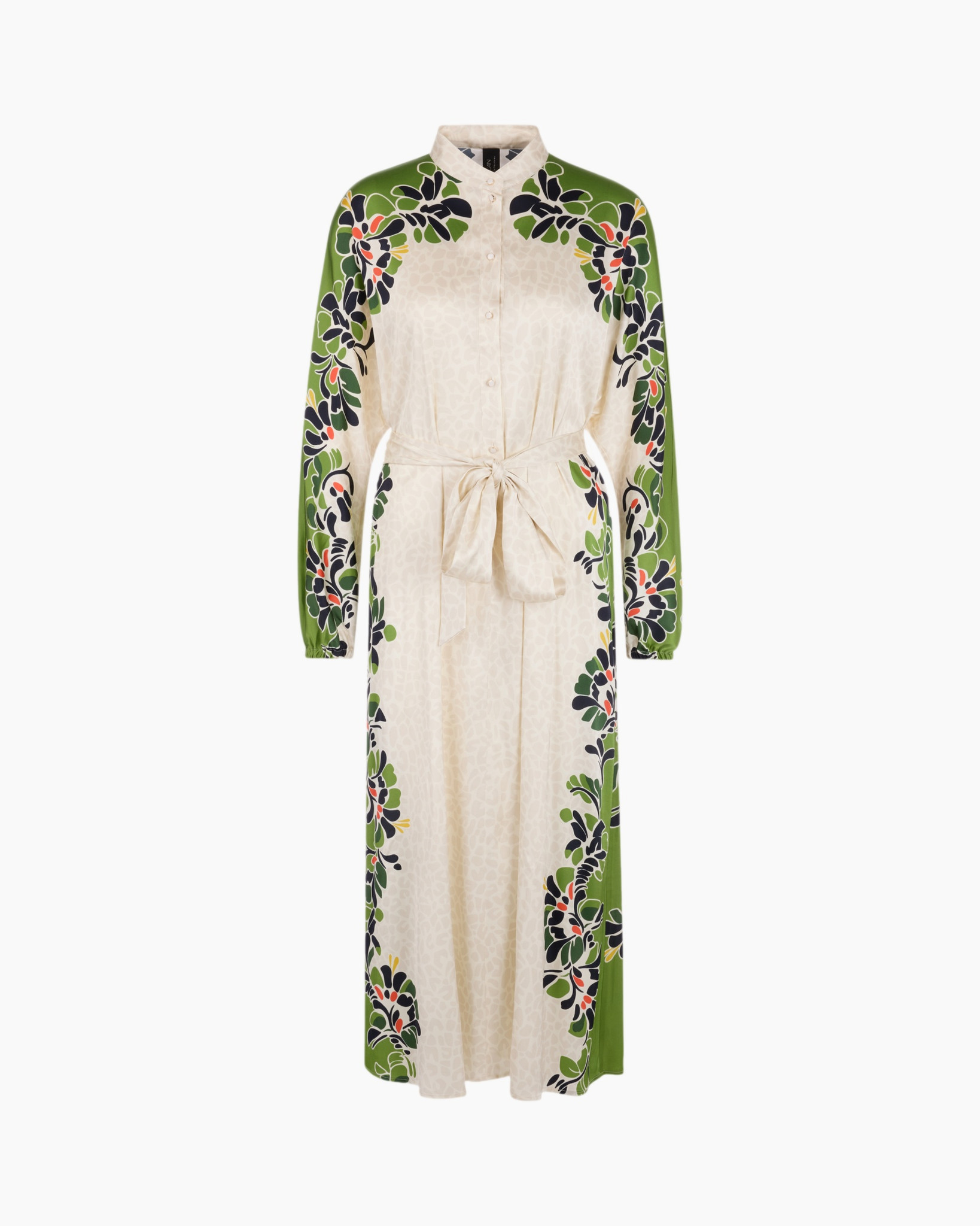 maxi dress, long sleeve, belted, floral print, beige green