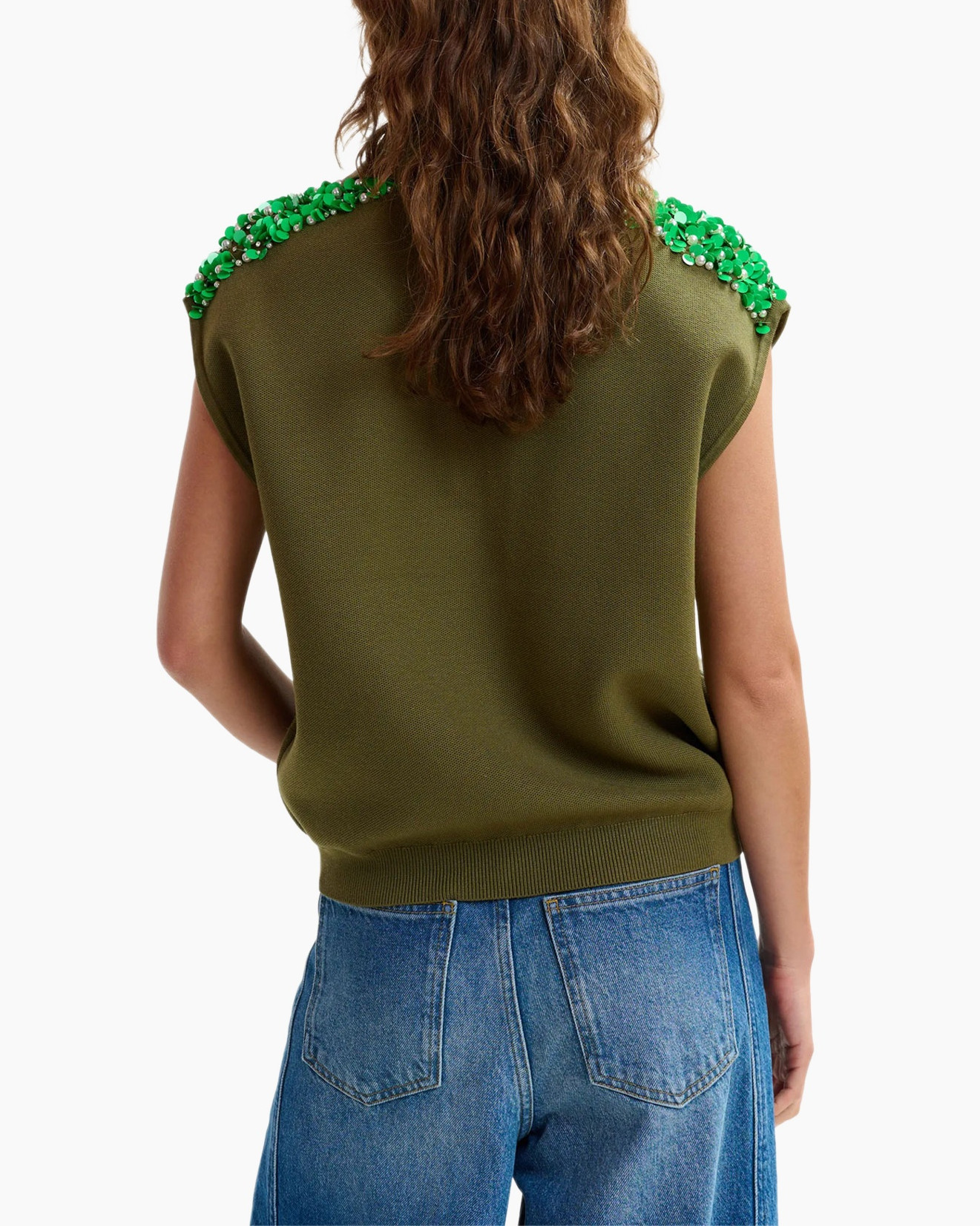 sleeveless top, olive green, embellished shoulders, knit polo, casual blouse