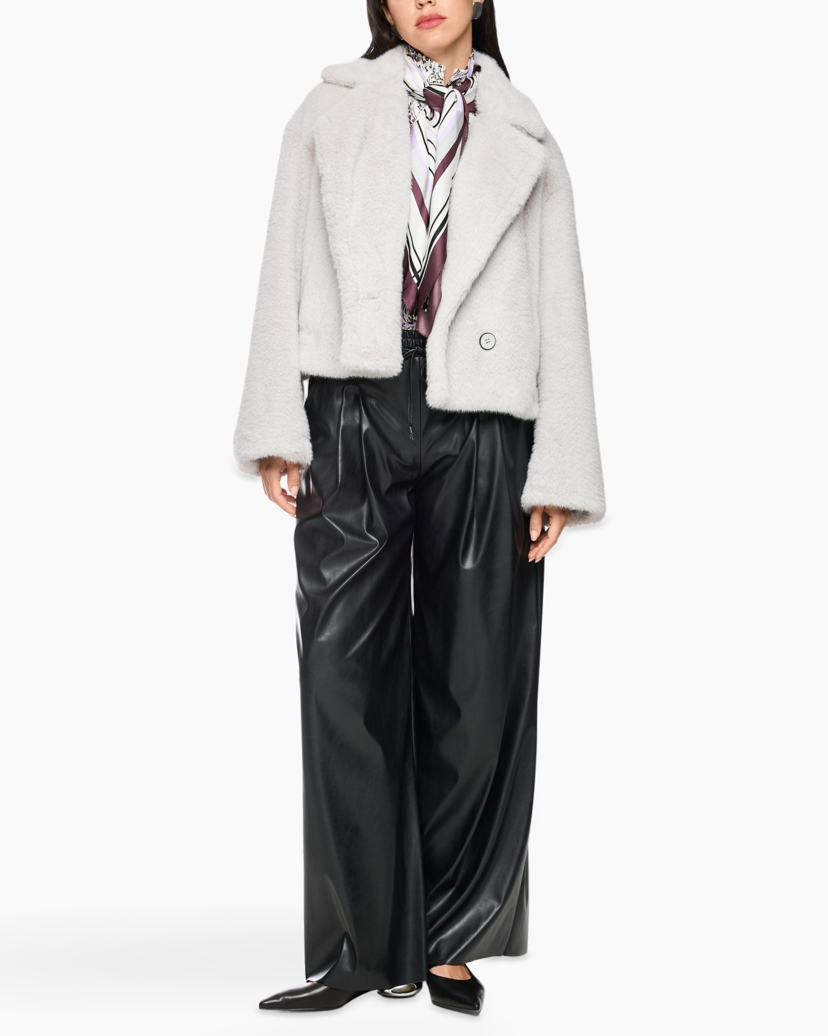 shearling jacket, faux fur, white coat, wide-leg pants, scarf
