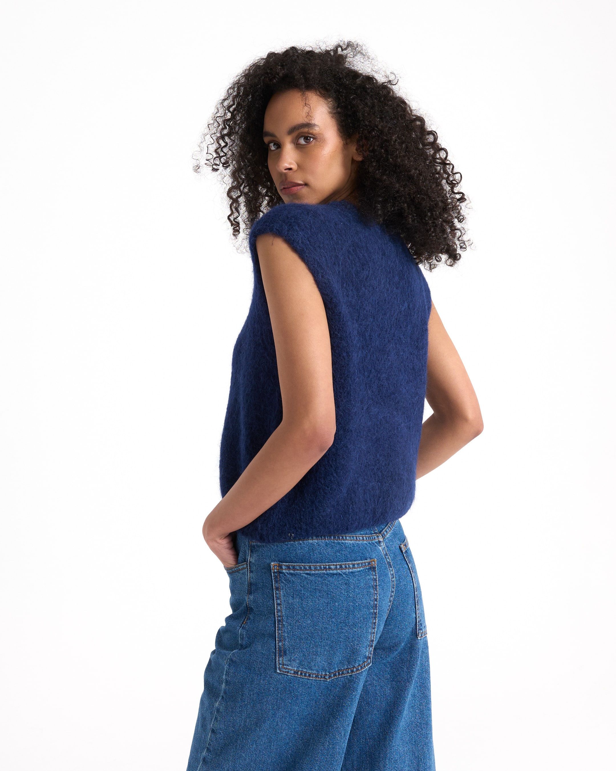 sleeveless top, knit sweater, navy blue, women's top, casual fit