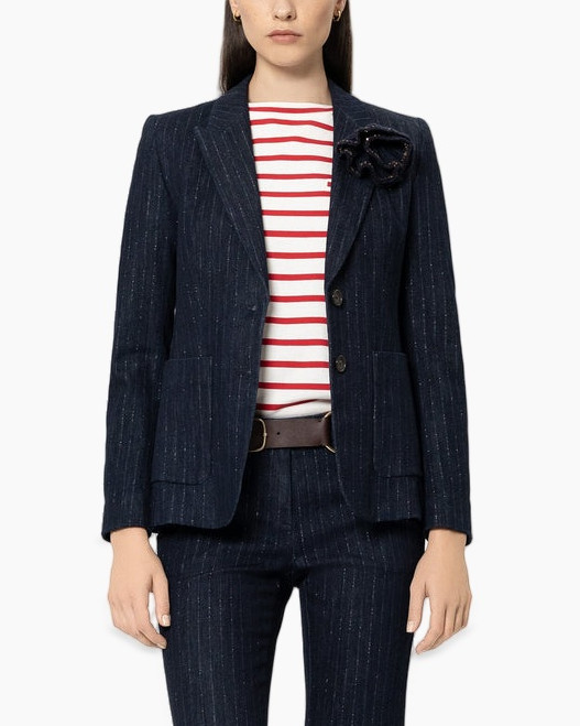 blazer, navy, pinstripe, peaked lapel, belted