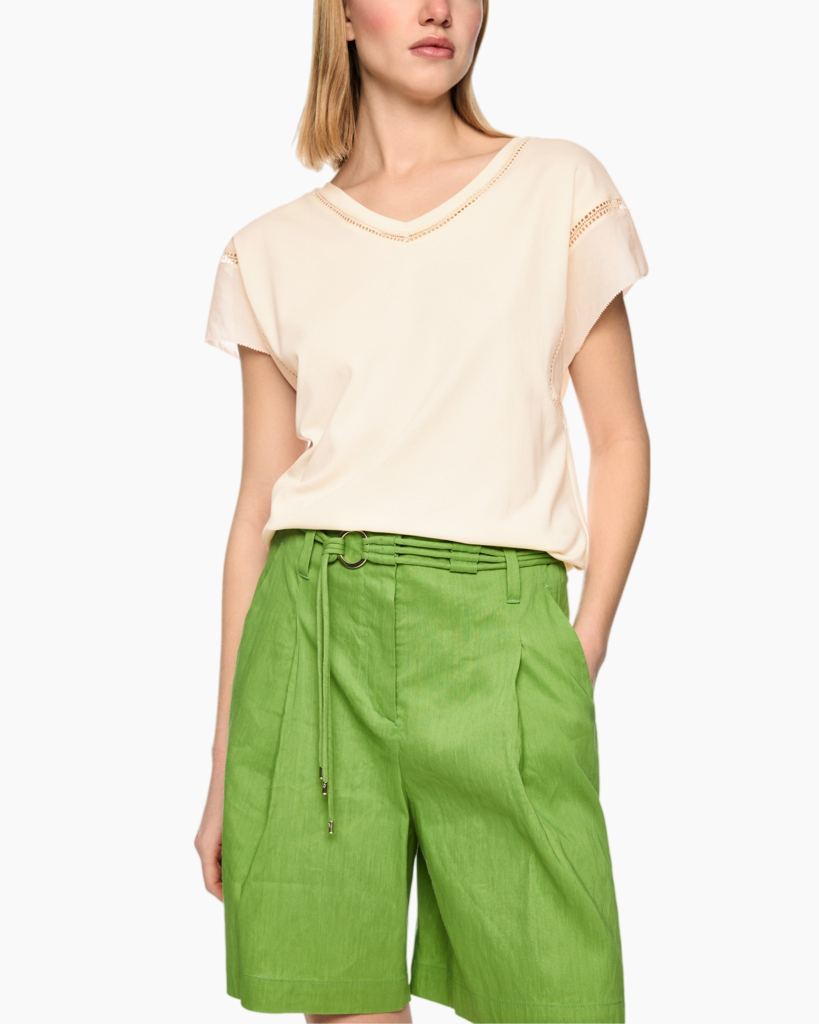 blouse, v-neck, short sleeves, beige, shorts, green, belted, pants, linen-like, casual