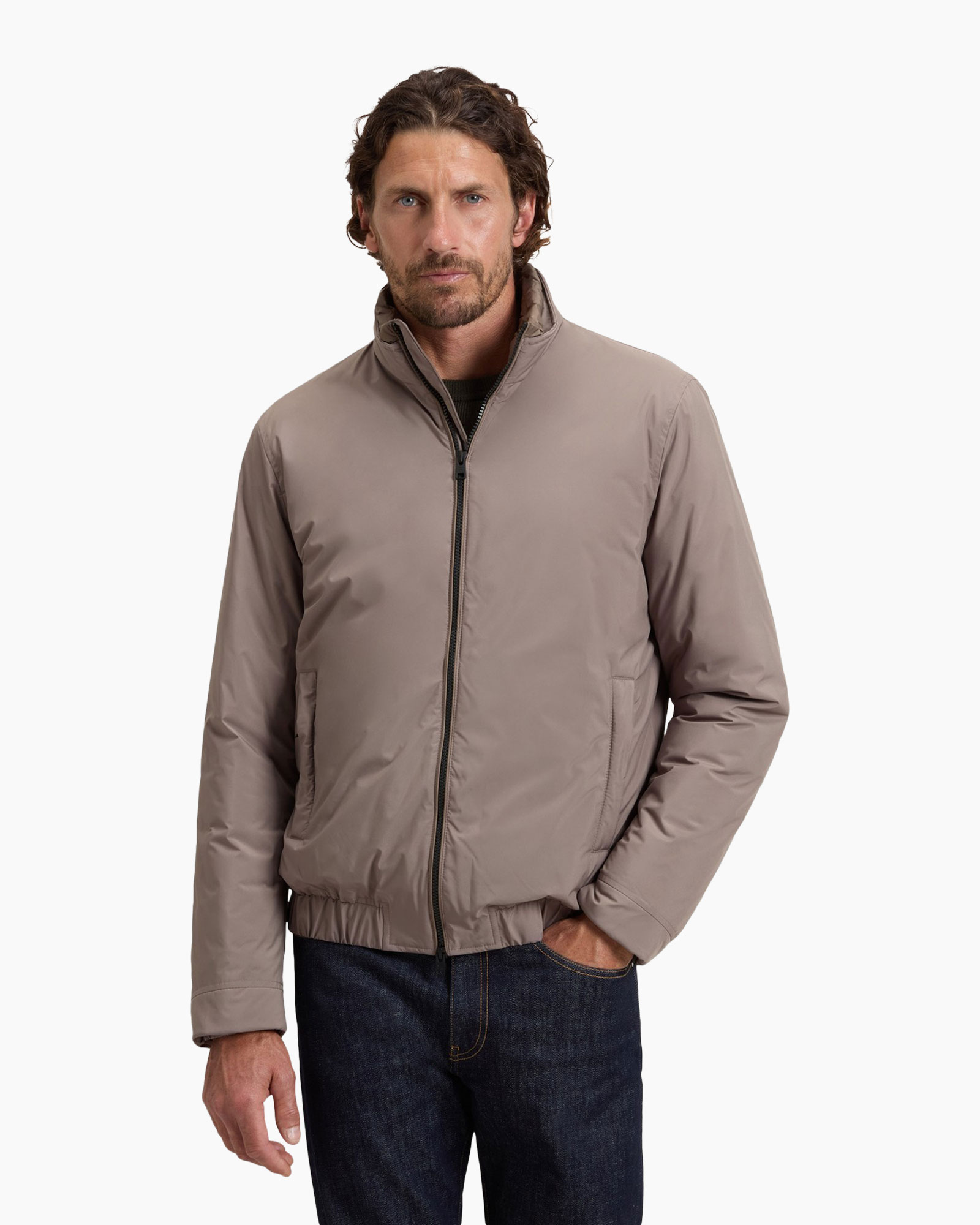 jacket, puffer, zip-up, beige, casual