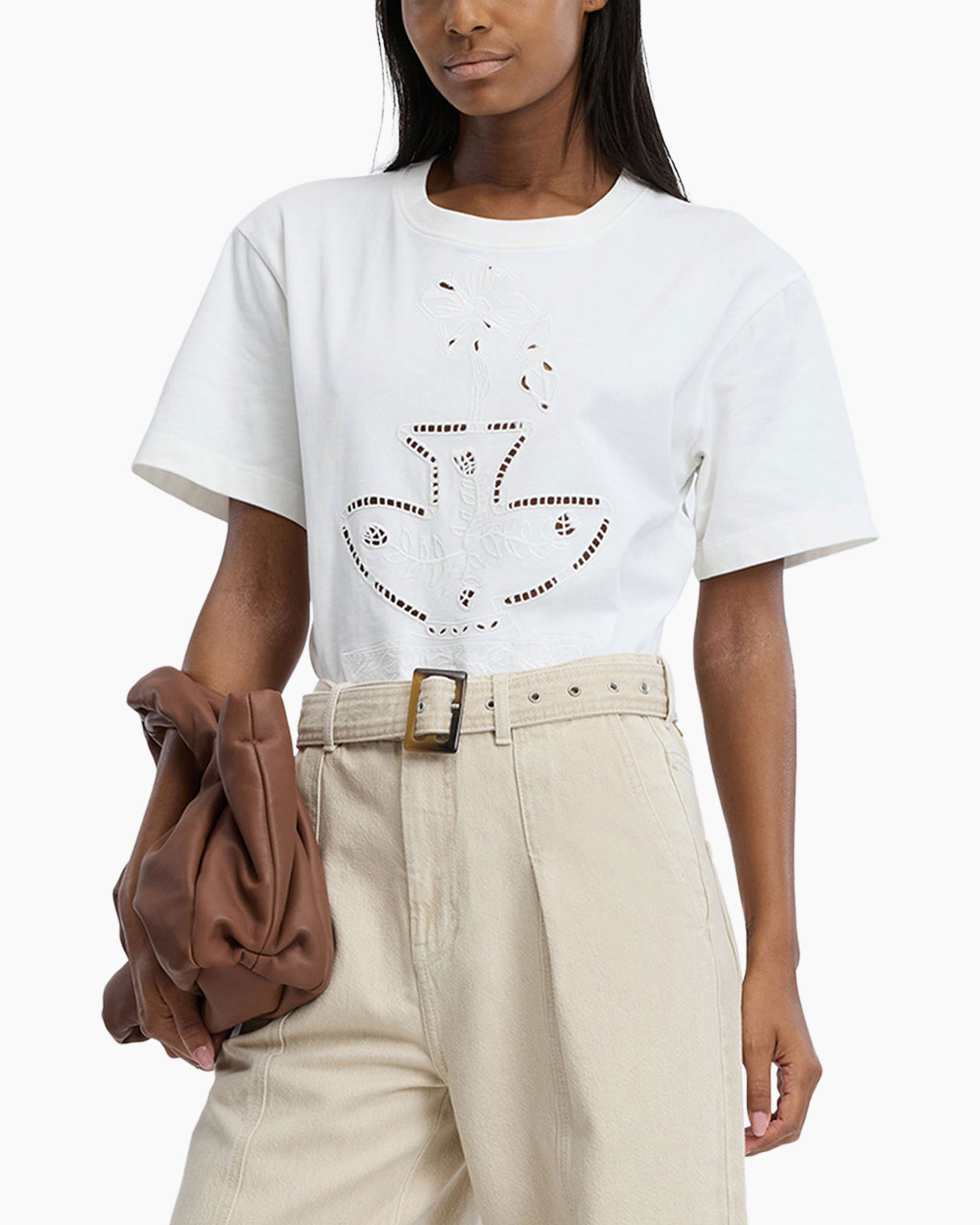 t-shirt, white, short-sleeve, embroidery, palm-leaf motif