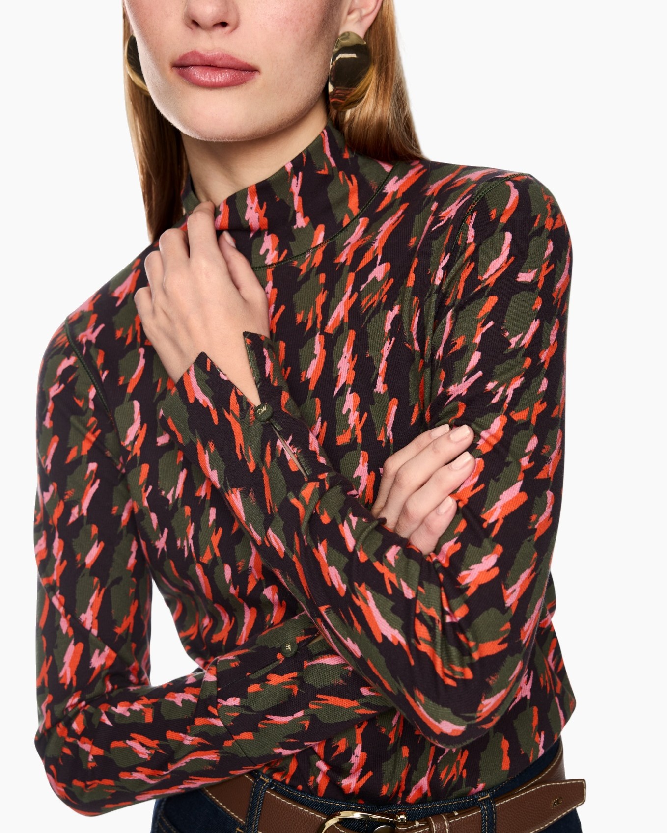 turtleneck, long-sleeve, patterned, multicolor, top