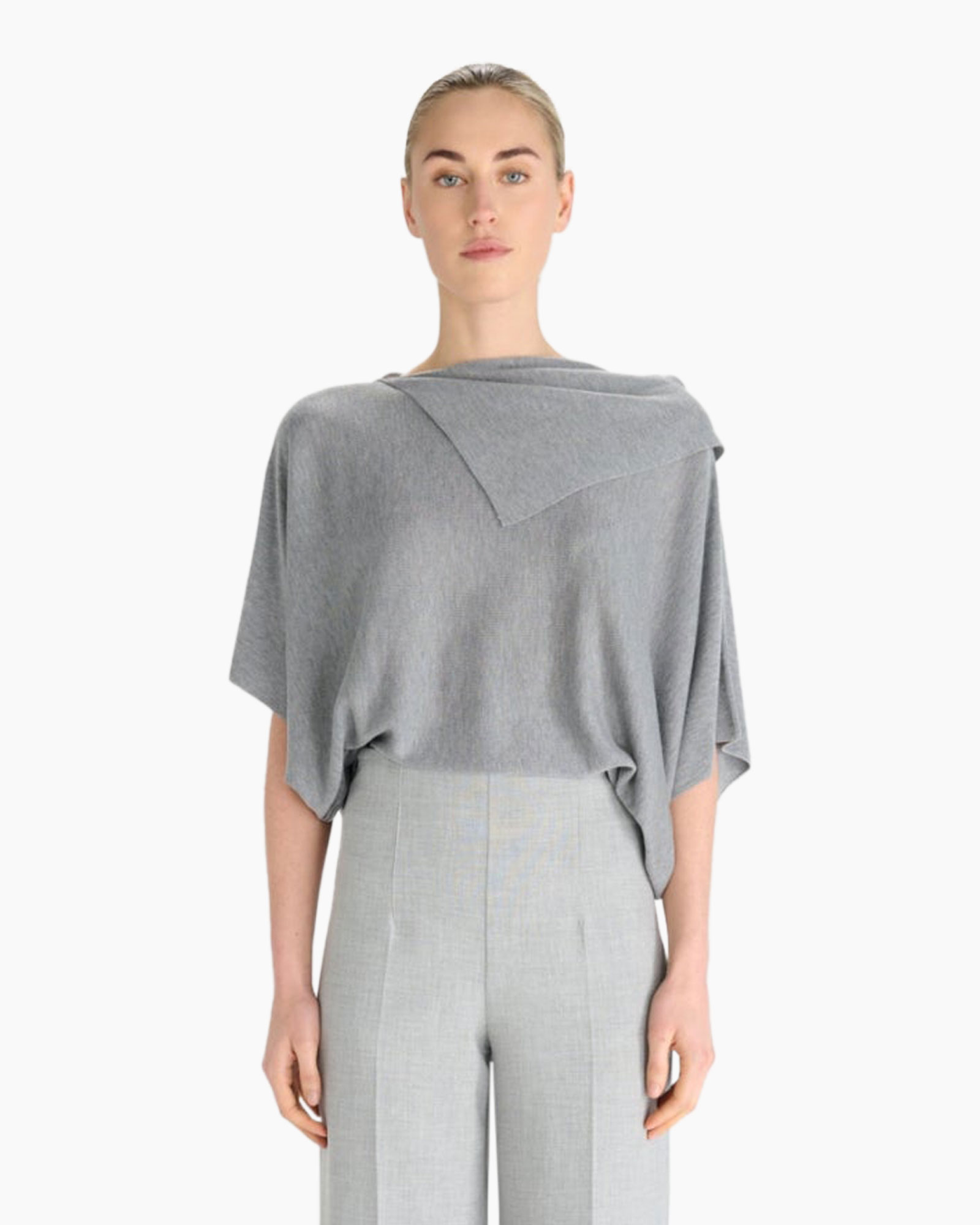 top, poncho, gray, knit, loose-fit