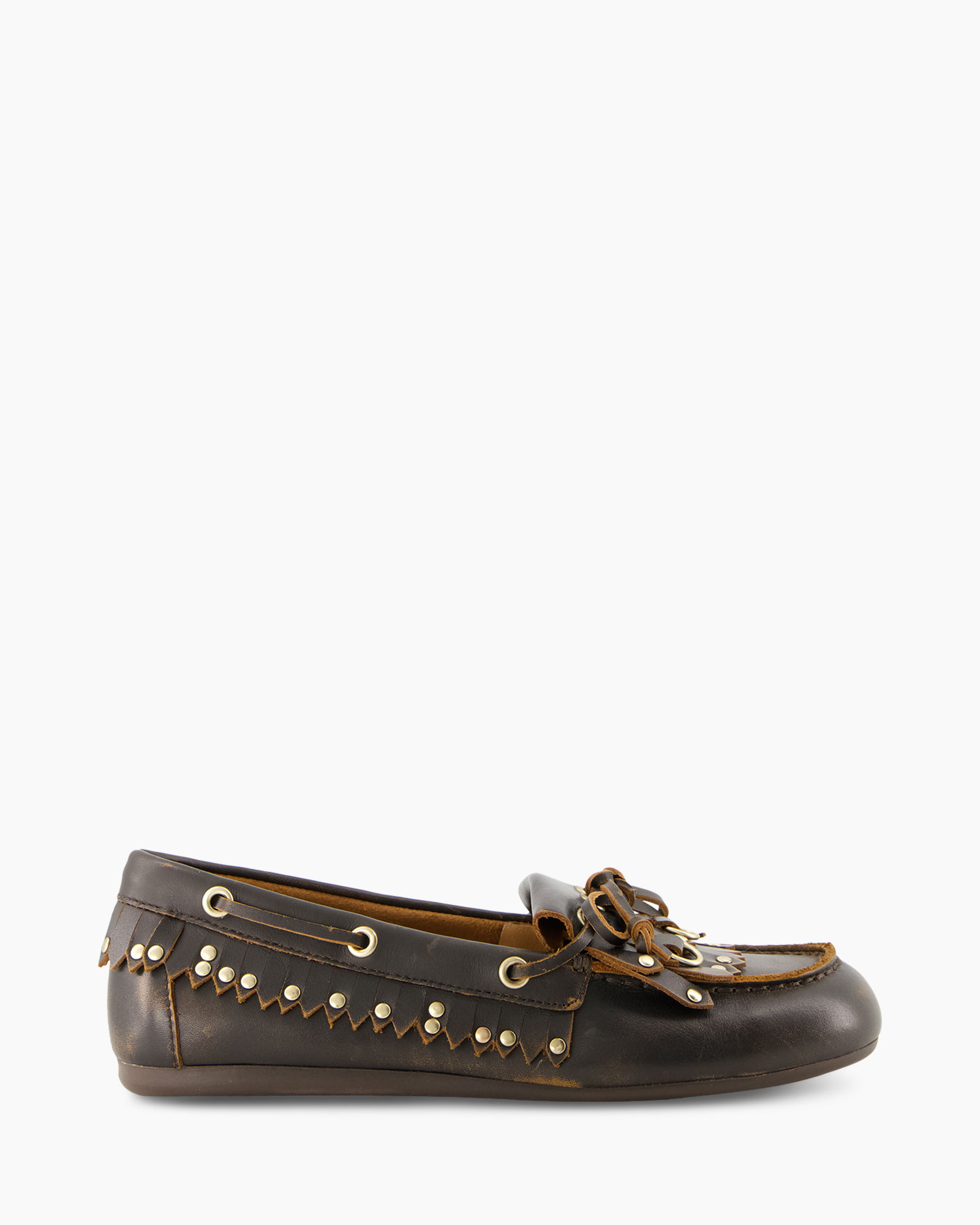 loafer, moccasin, leather, decorative studs, petite fringe