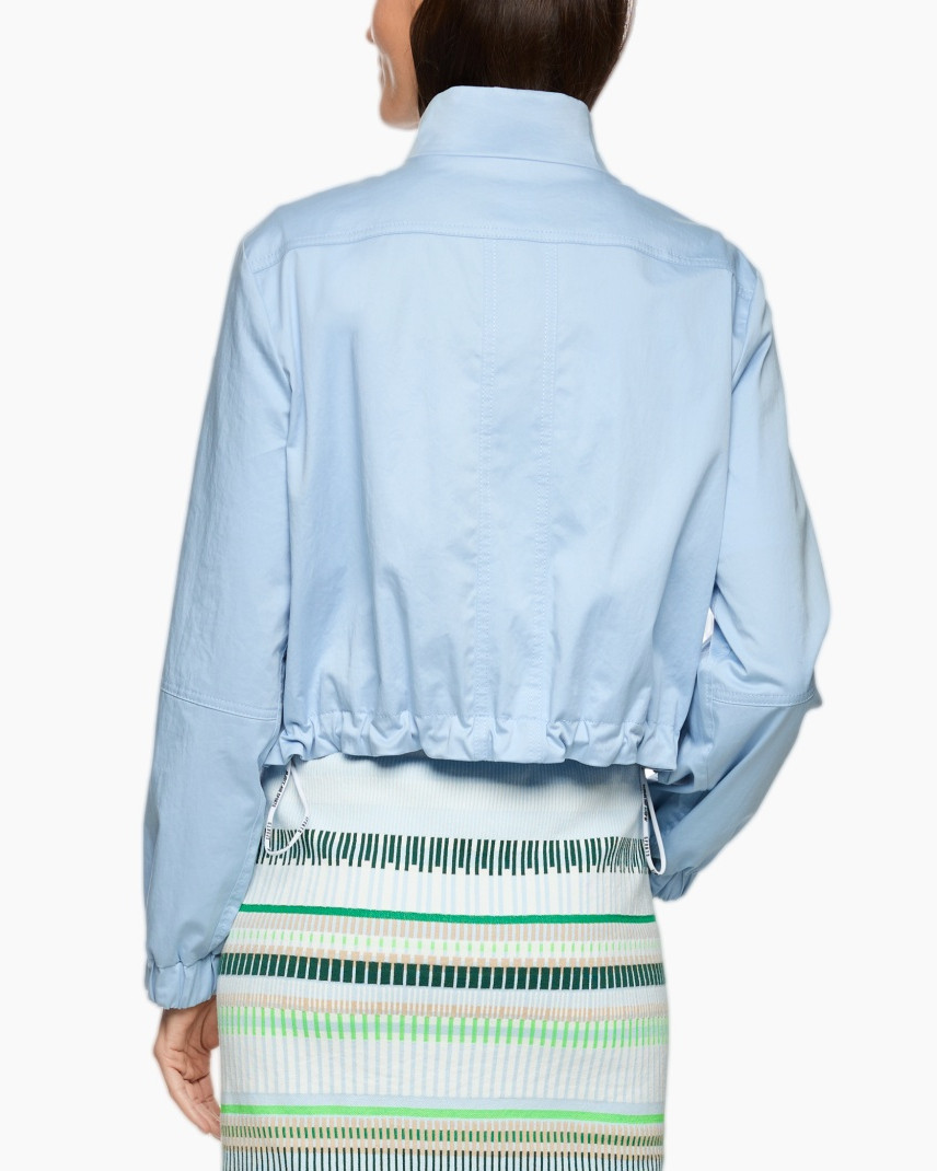 light blue jacket, cropped jacket, elastic hem, long sleeves, collar
