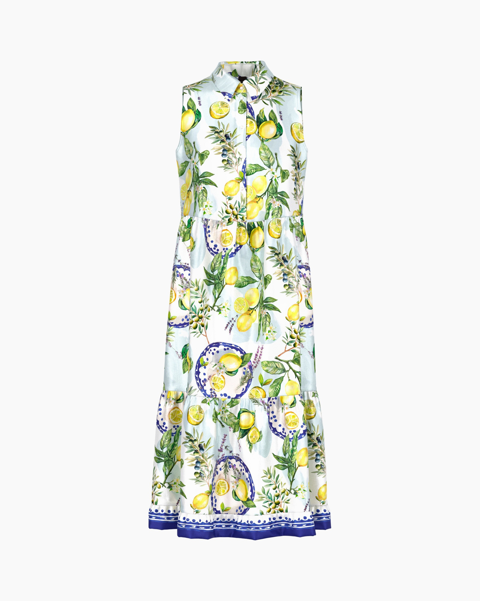 sleeveless dress, long dress, lemon print, linen look, tiered hem