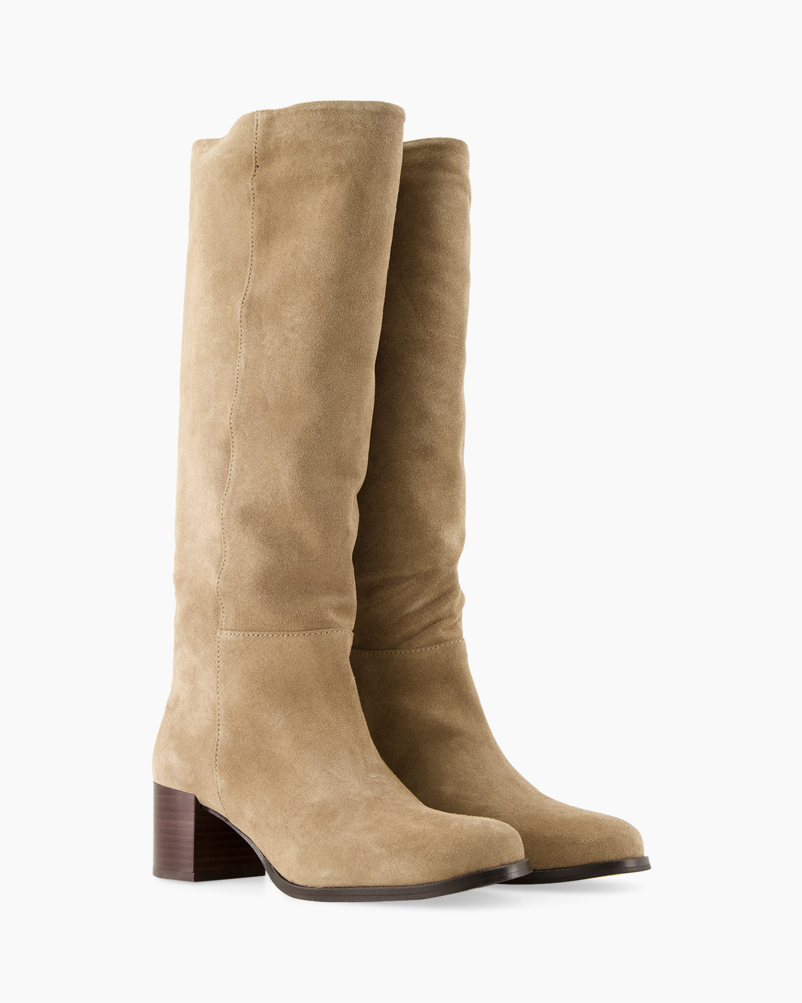 knee-high boots, suede, tan, mid heel, block heel