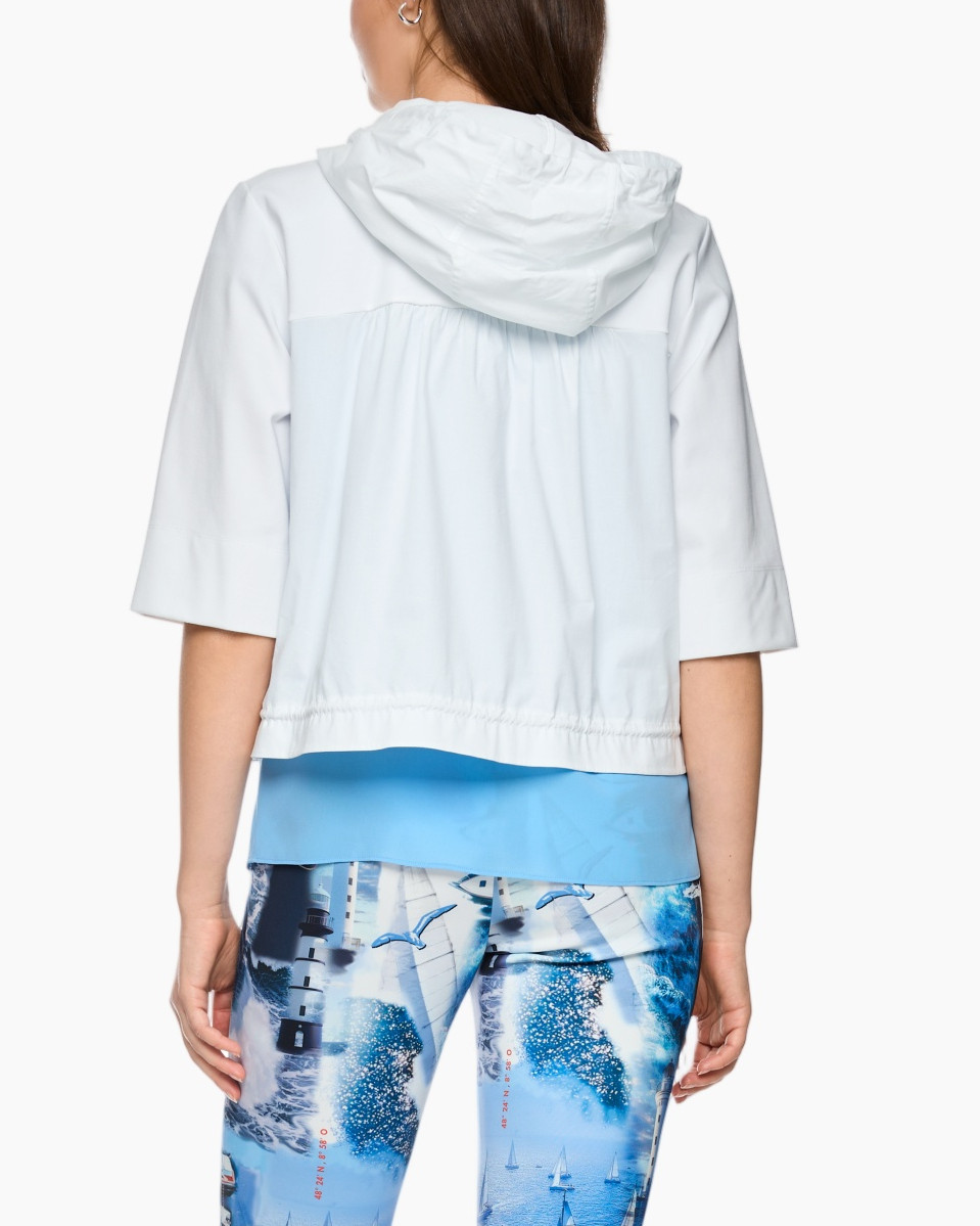 hooded jacket, button front, mid sleeve, white, drawstring