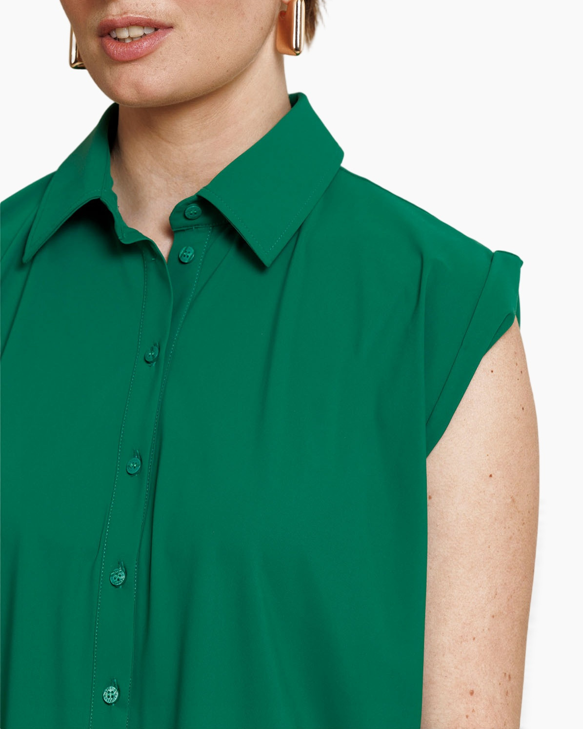 green shirt, button-down, sleeveless, collared, cotton blend