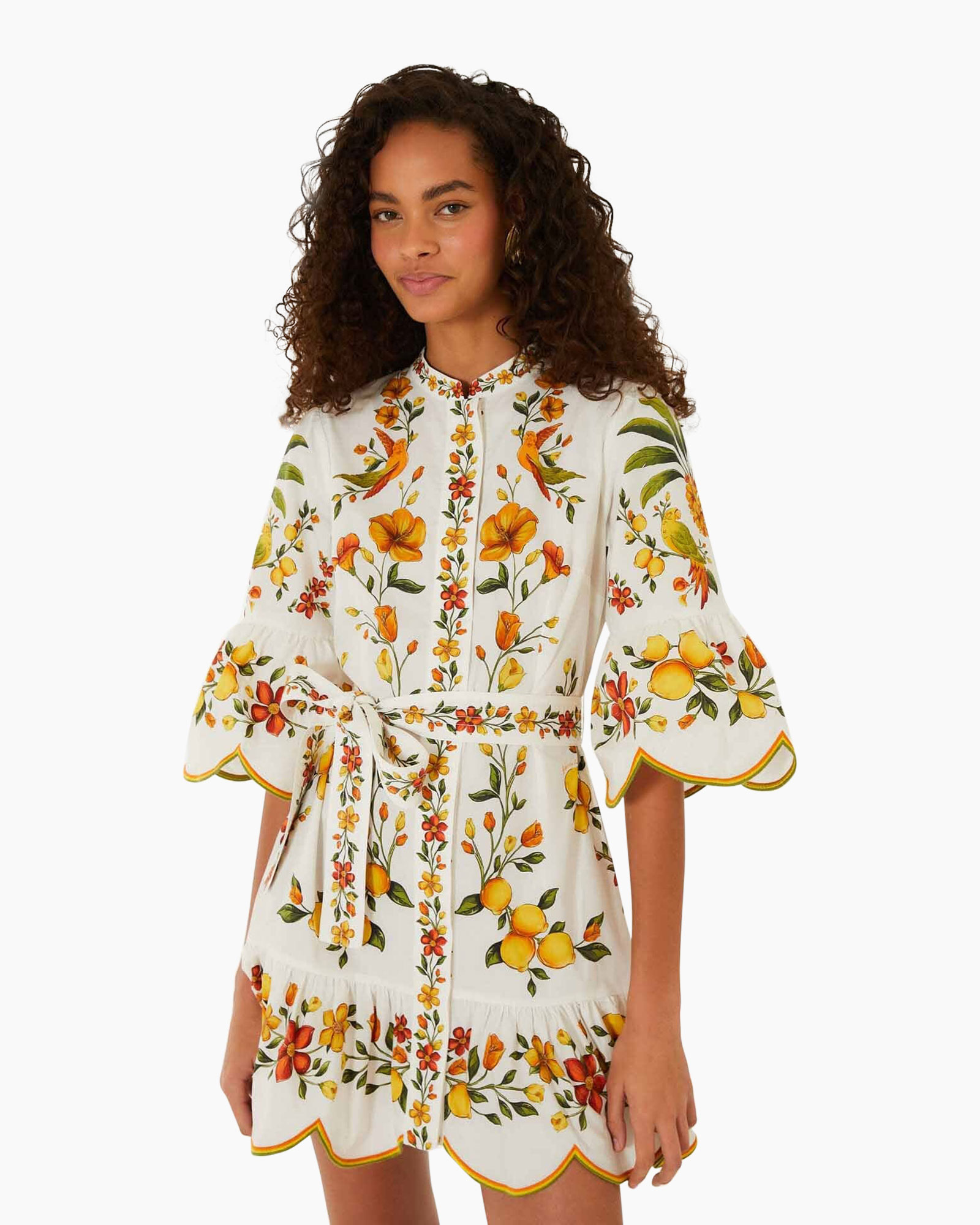 dress, floral, short, white, belted