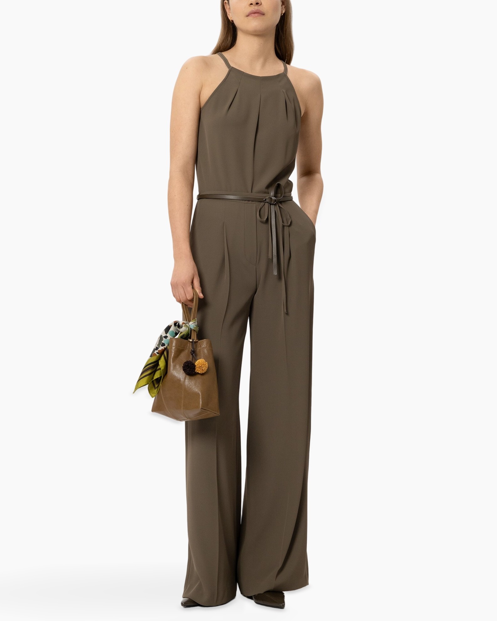 jumpsuit, wide-leg, belted, halter-neck, olive