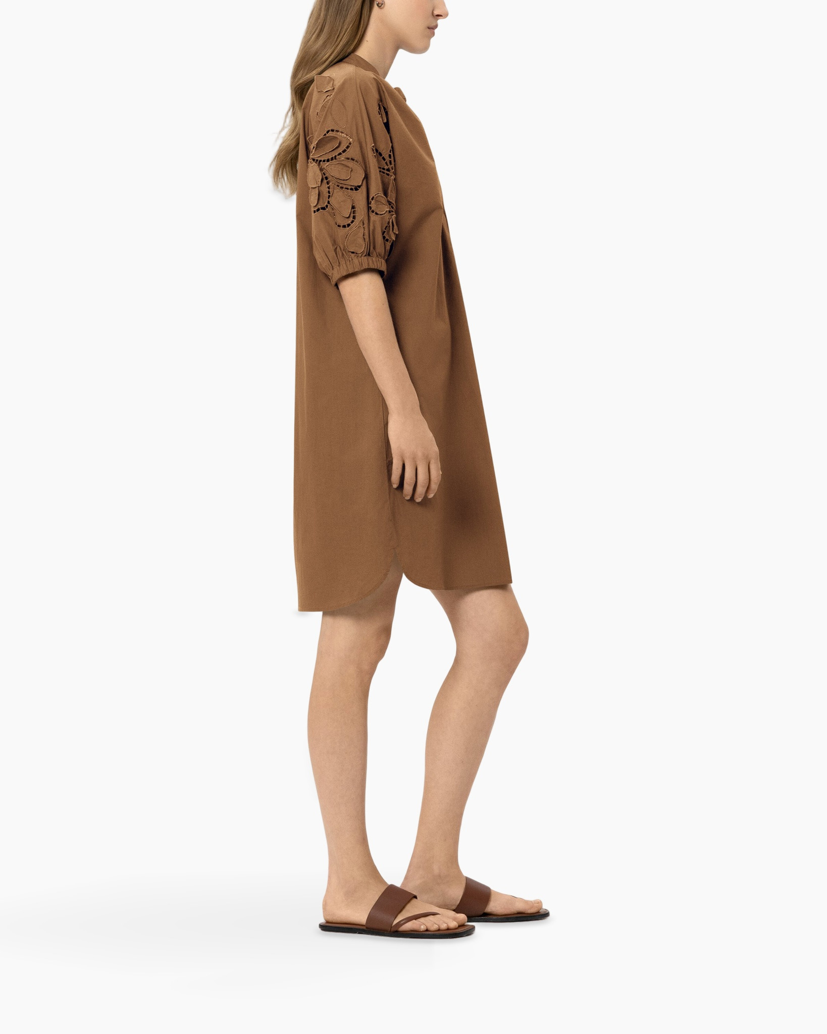 tan dress, short dress, eyelet sleeves, loose fit, linen look
