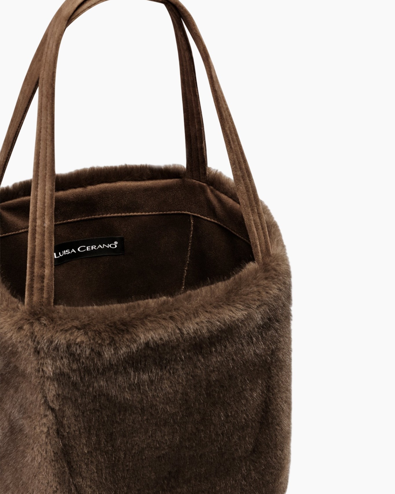 brown, faux fur, bag, tote, handles