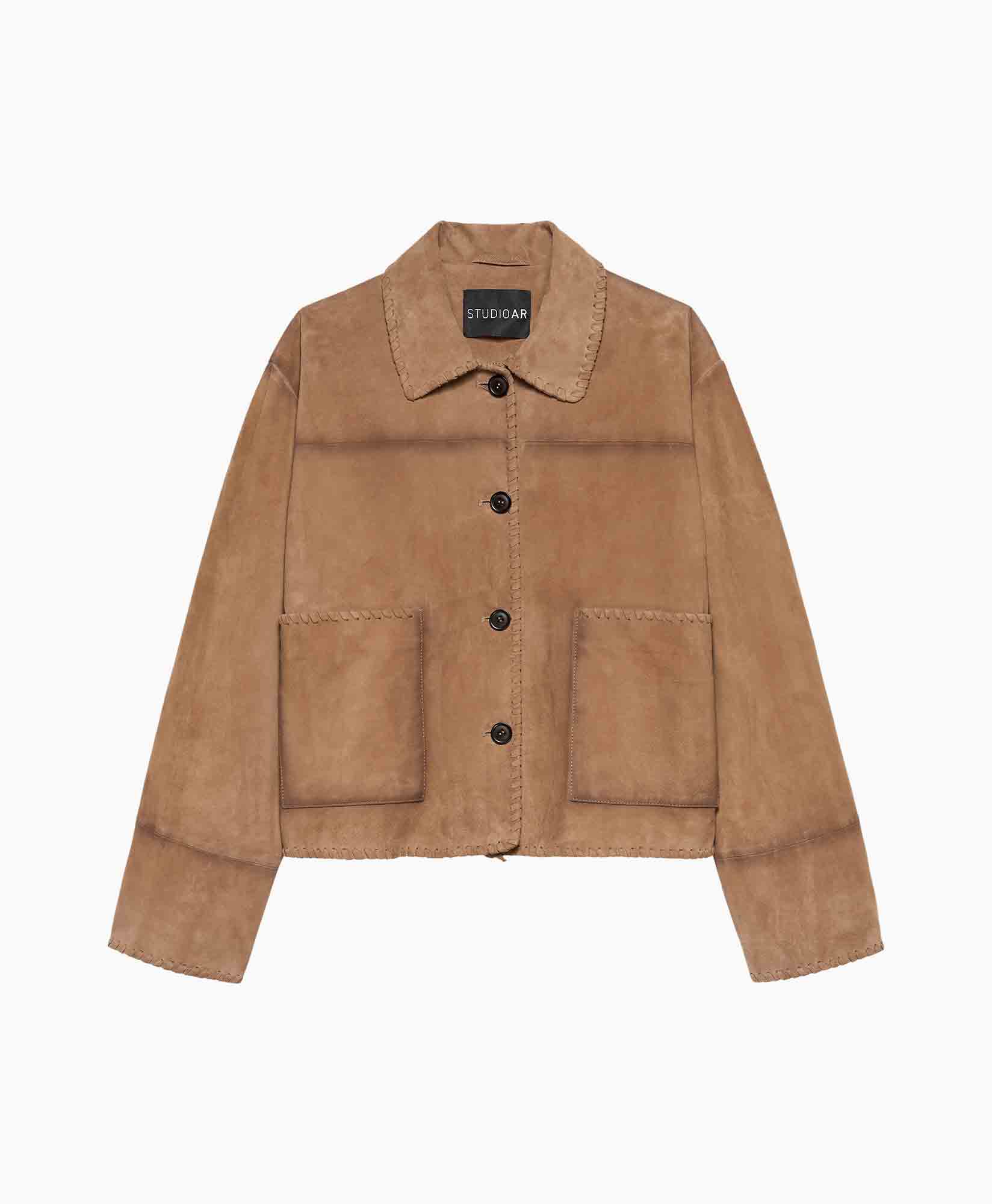suede jacket, brown, buttons, pockets, collar