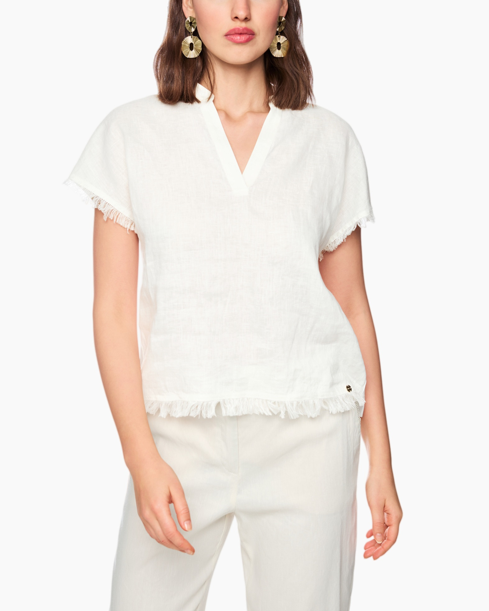 white top, linen, short sleeve, V-neck, fringe hem