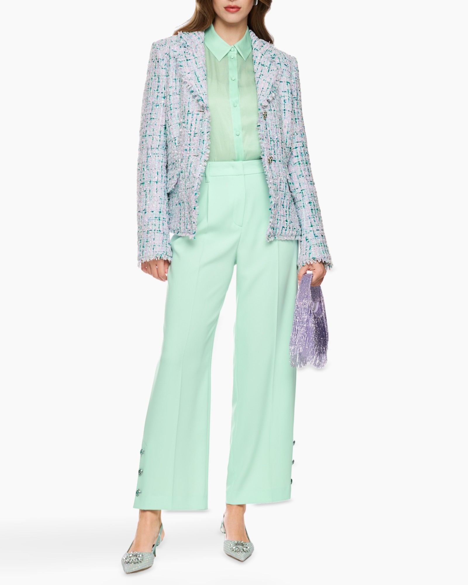 blazer, tweed, mint, trousers, purse
