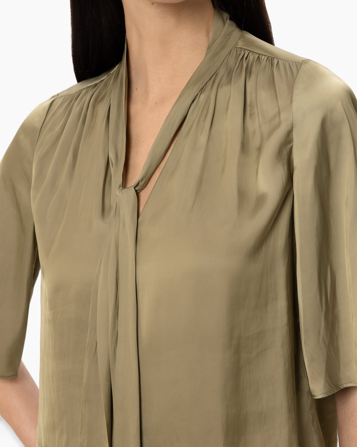 blouse, v-neck, short sleeves, olive, crepe/satin-like