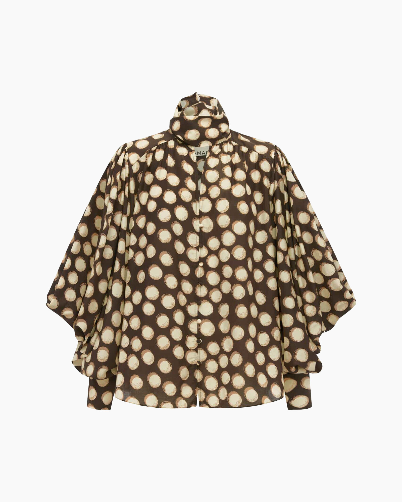button-up, polka-dot, brown, silk, cape-sleeve