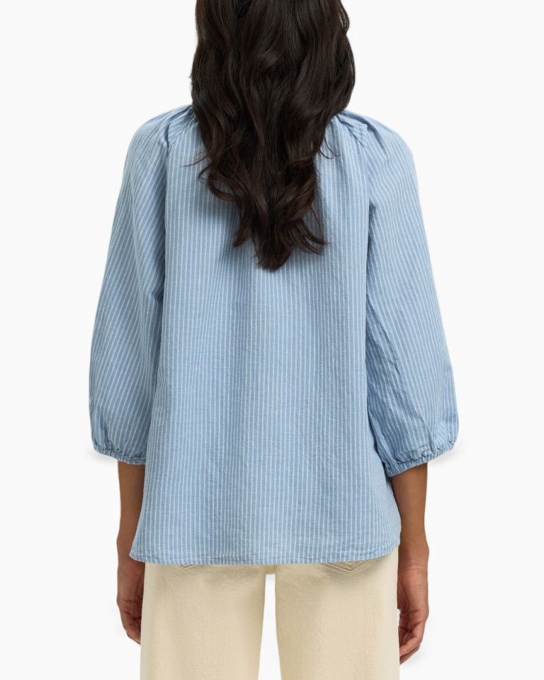 blue striped shirt, linen look, button-down, long sleeve, v-neck