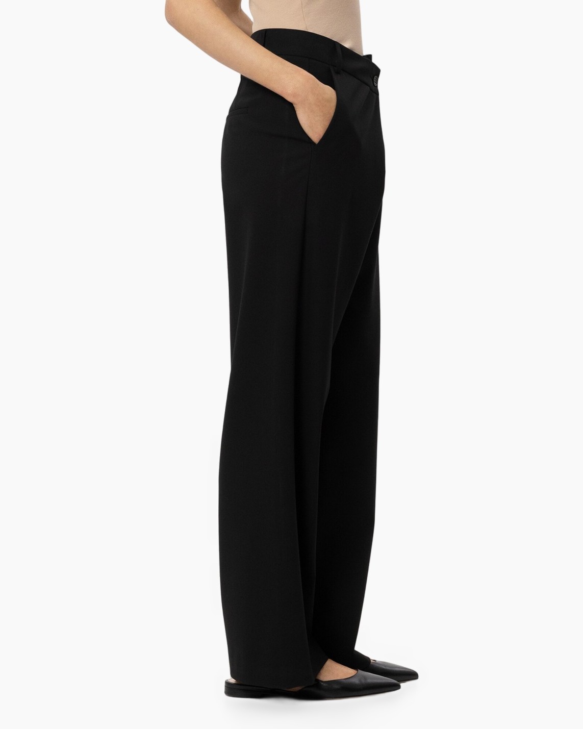 black pants, wide leg, trousers, tailored, flat front