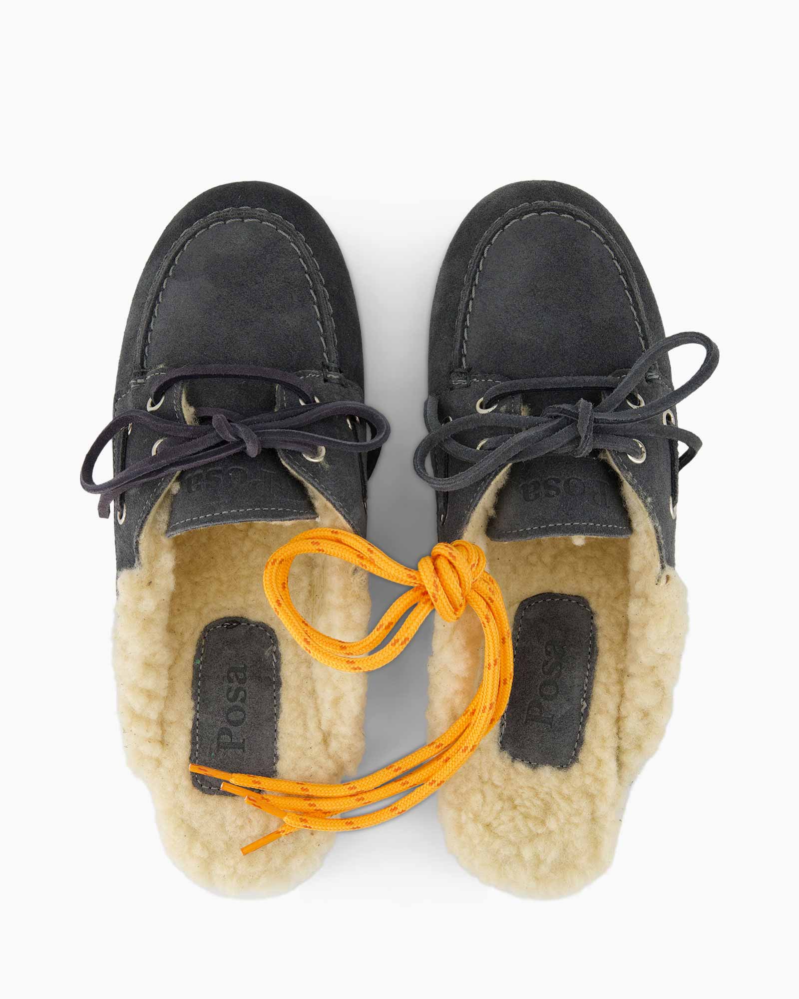 boots, shoes, leather, loafers?, fur-lined, shearling, lacing, mid-heel, dark-gray, orange-laces