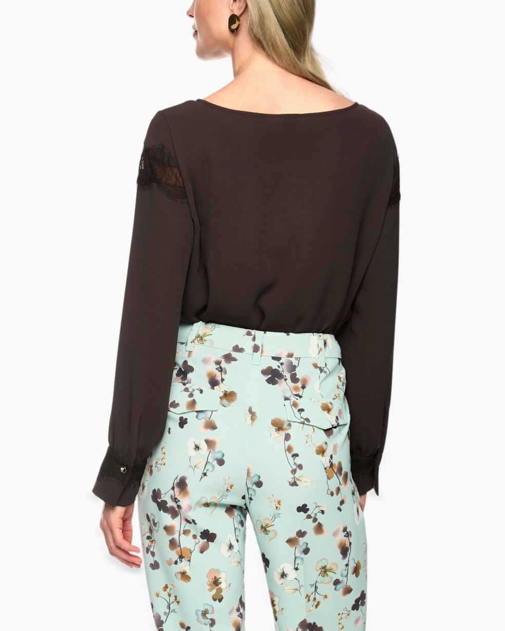 blouse, lace, long sleeves, brown, top