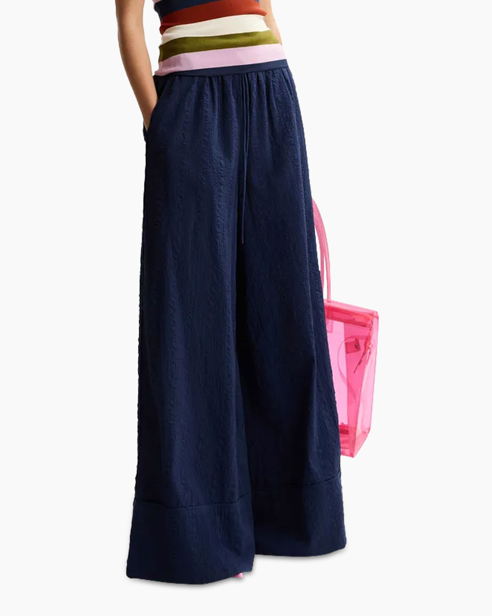 wide-leg pants, navy blue, palazzo pants, drawstring waist, pockets