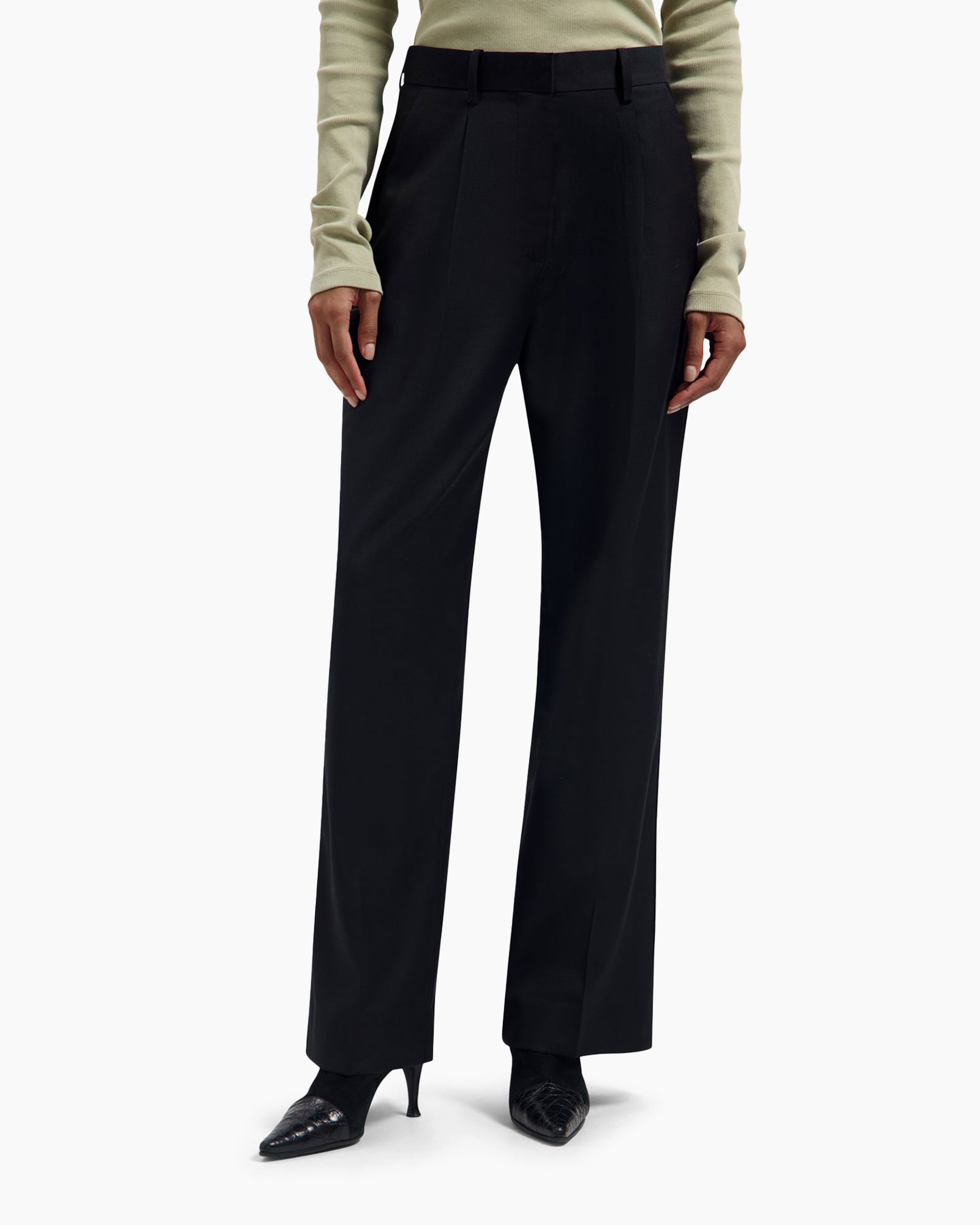 trousers, black, wide-leg, pleated, high-waisted
