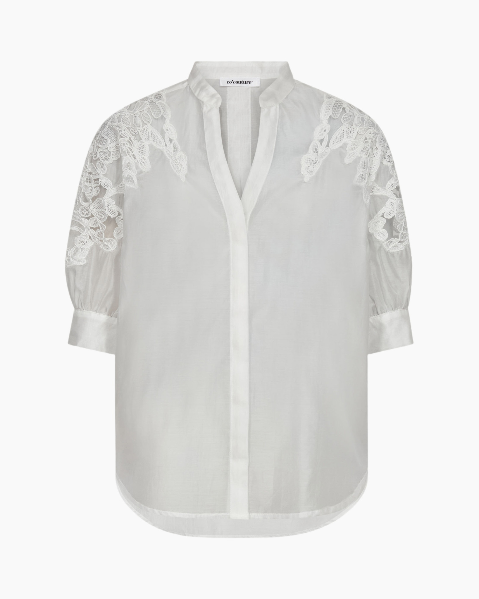 white shirt, lace detail, blouse, puff sleeves, buttonless placket