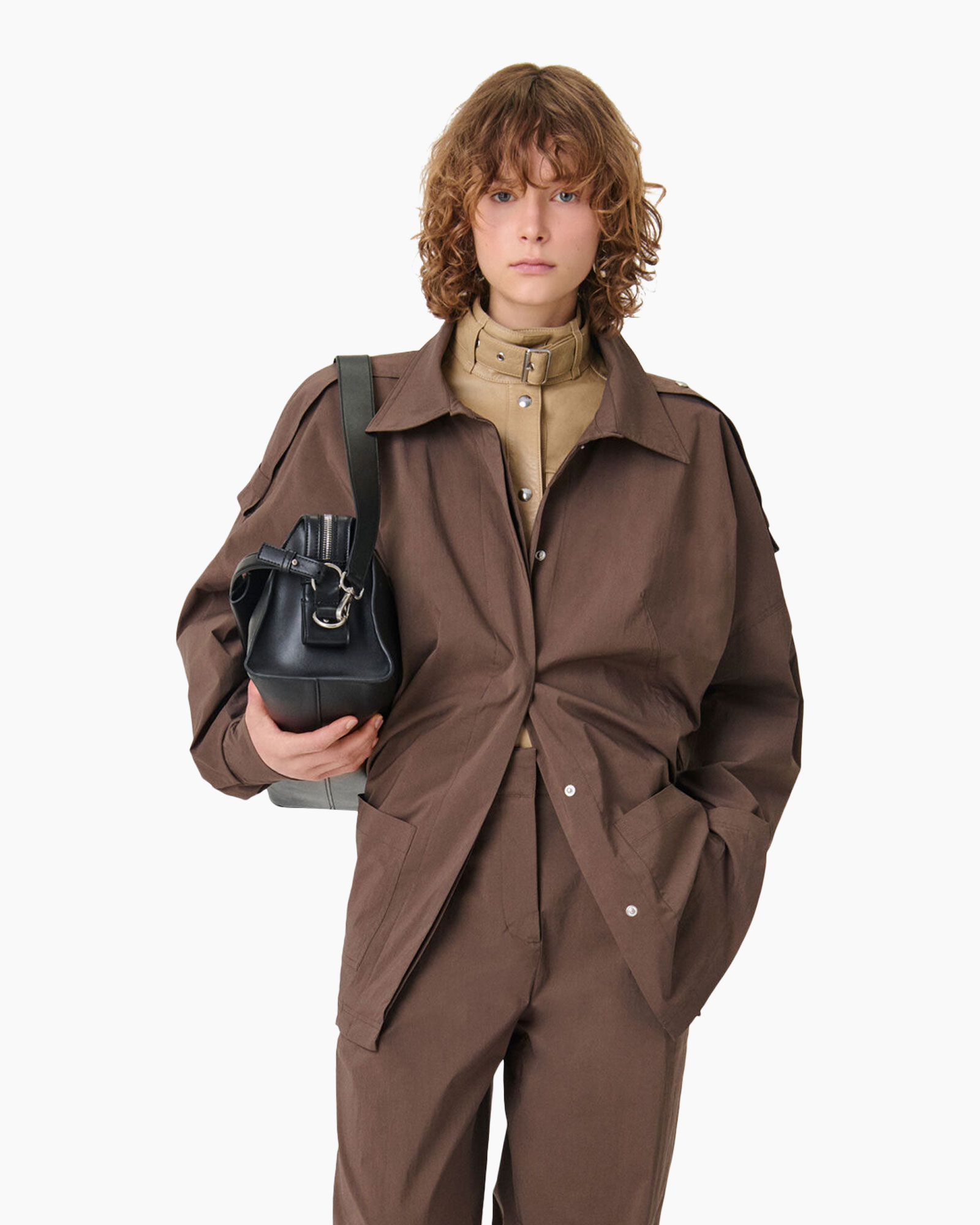 jacket, brown, cargo pants, belted collar, handbag