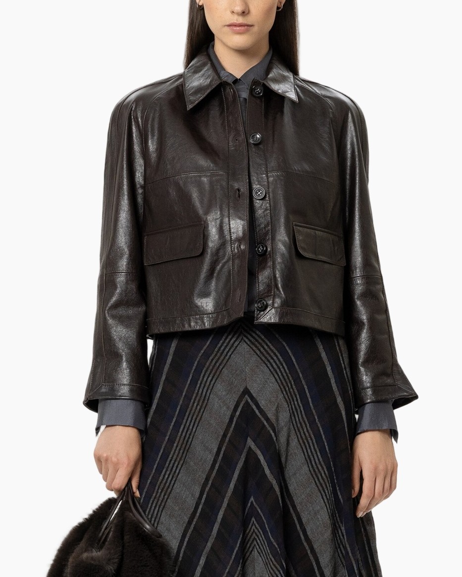 leather jacket, crop jacket, long sleeve, dark brown, button closure