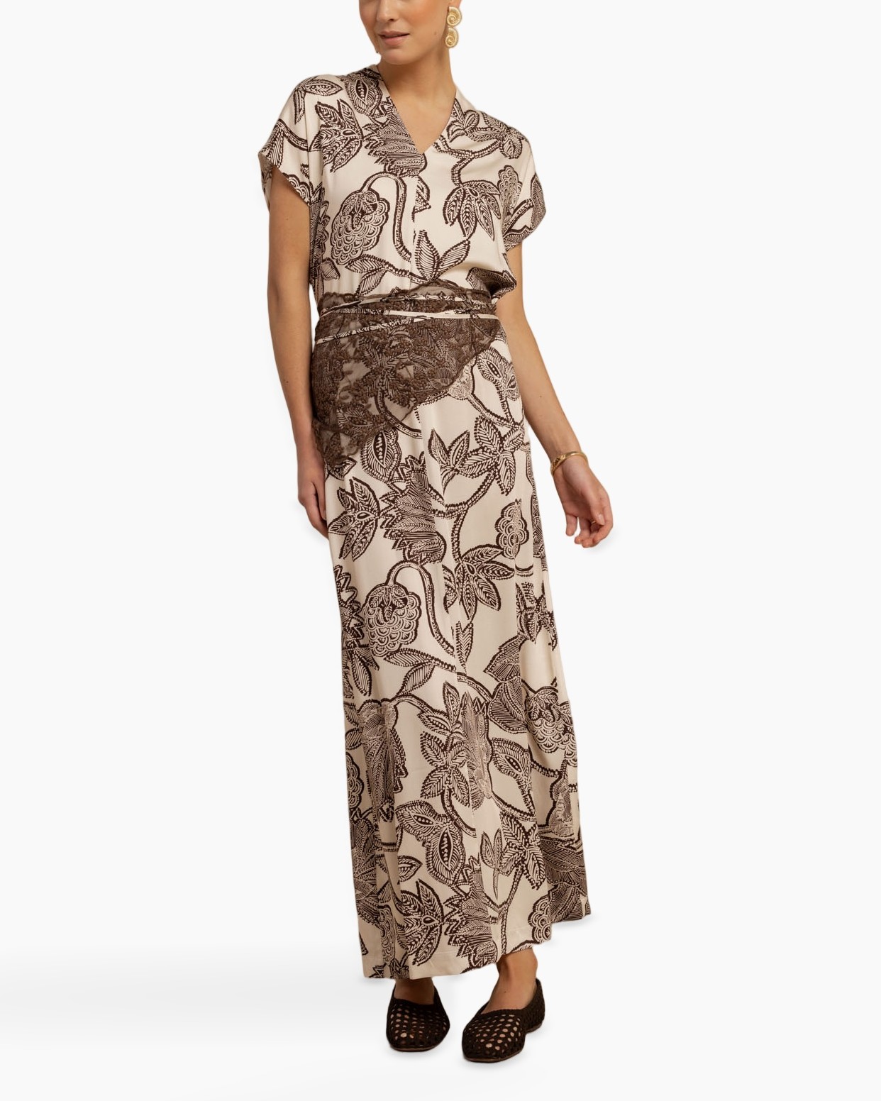 maxi dress, beige floral, lace waist, short sleeves, ankle length