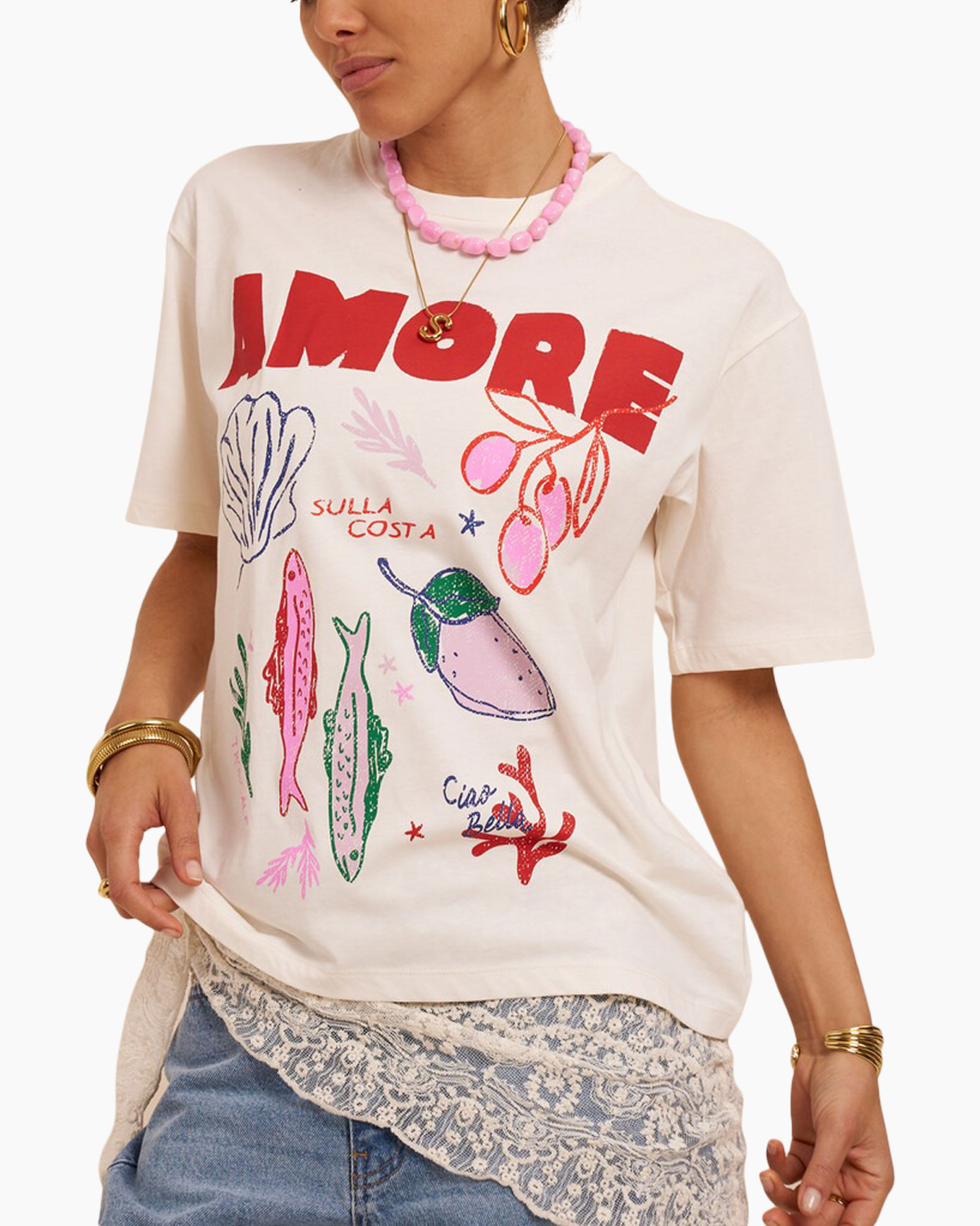 t-shirt, graphic tee, short sleeve, cream, beach print