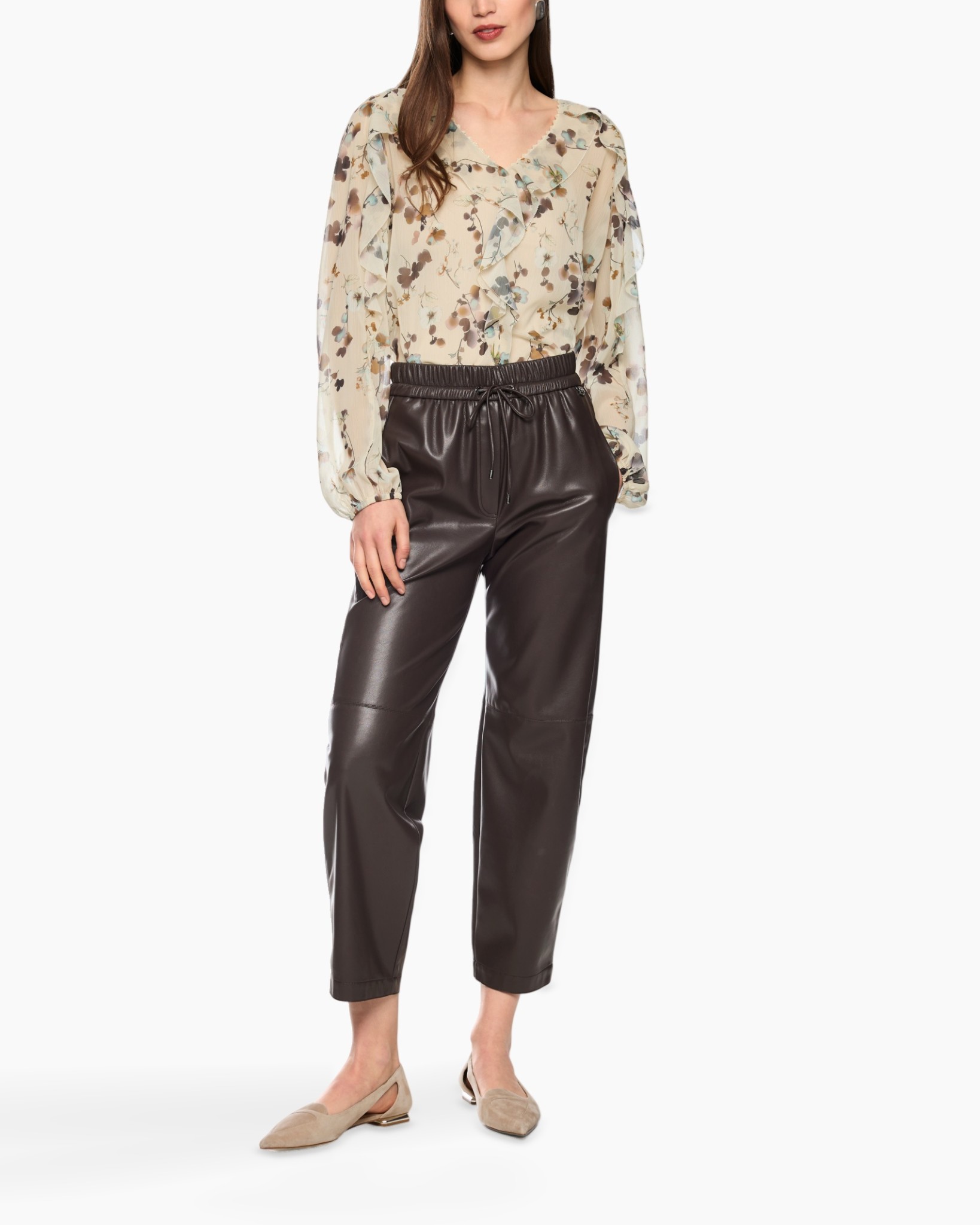 blouse, floral, sheer, long-sleeve, pants