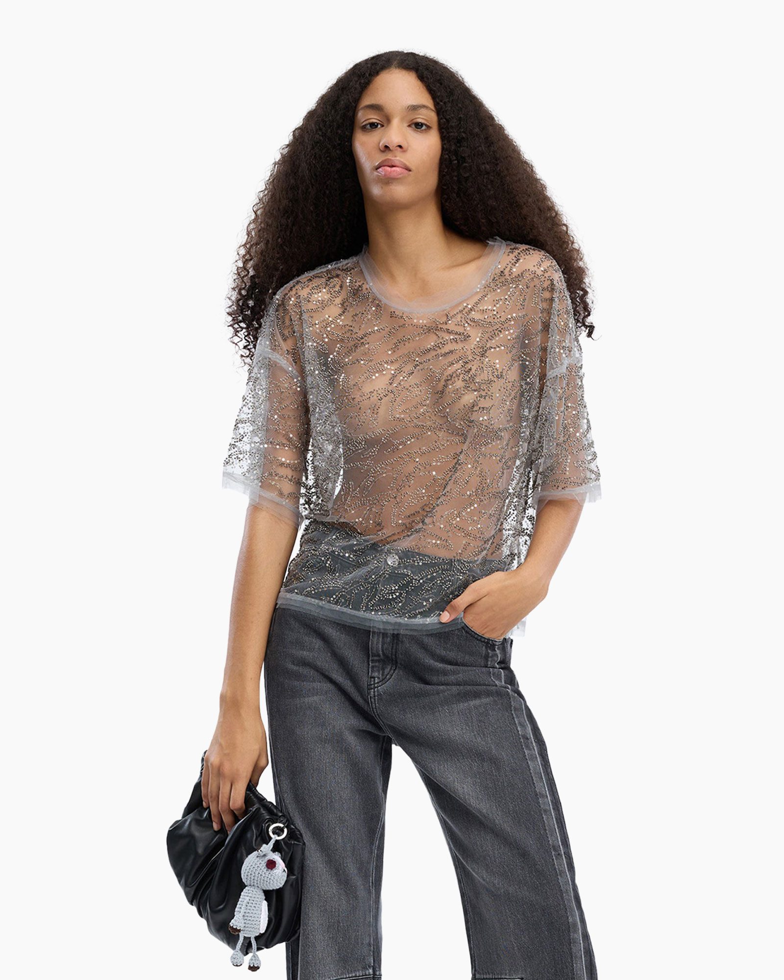 mesh top, sequined top, silver top, short sleeve, transparent