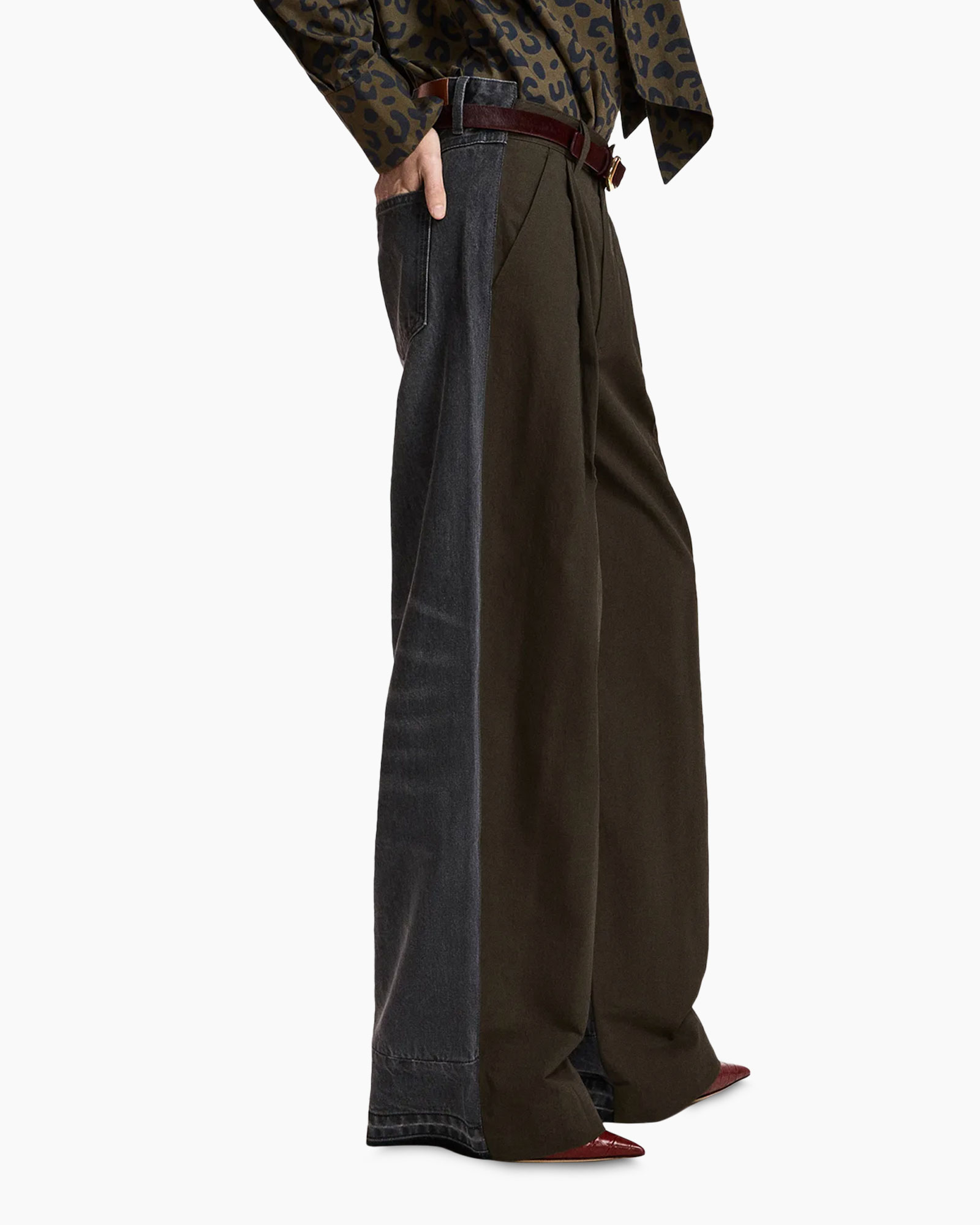 wide-leg pants, two-tone, denim, brown, belted