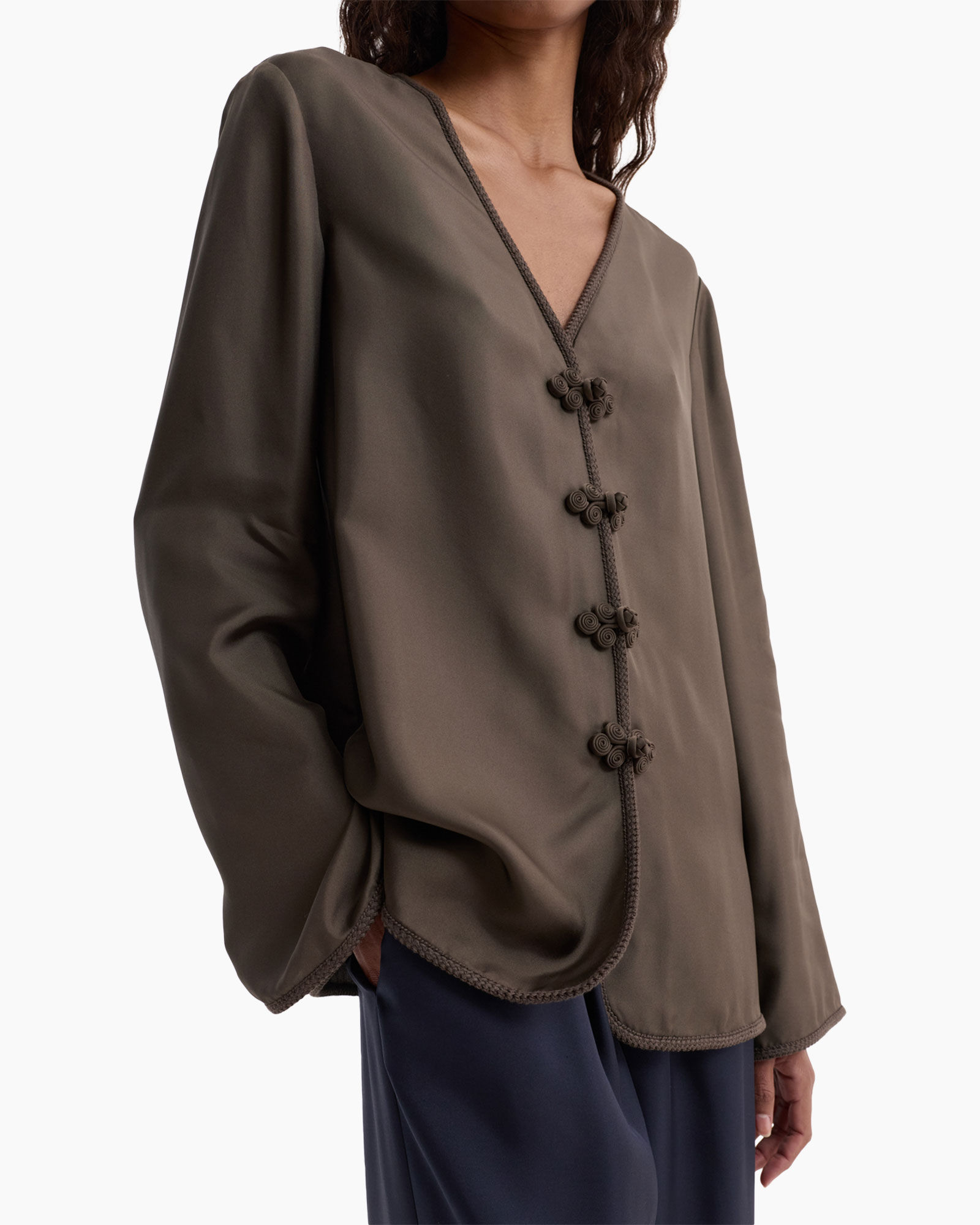 top, blouse, buttoned, long-sleeve, v-neck